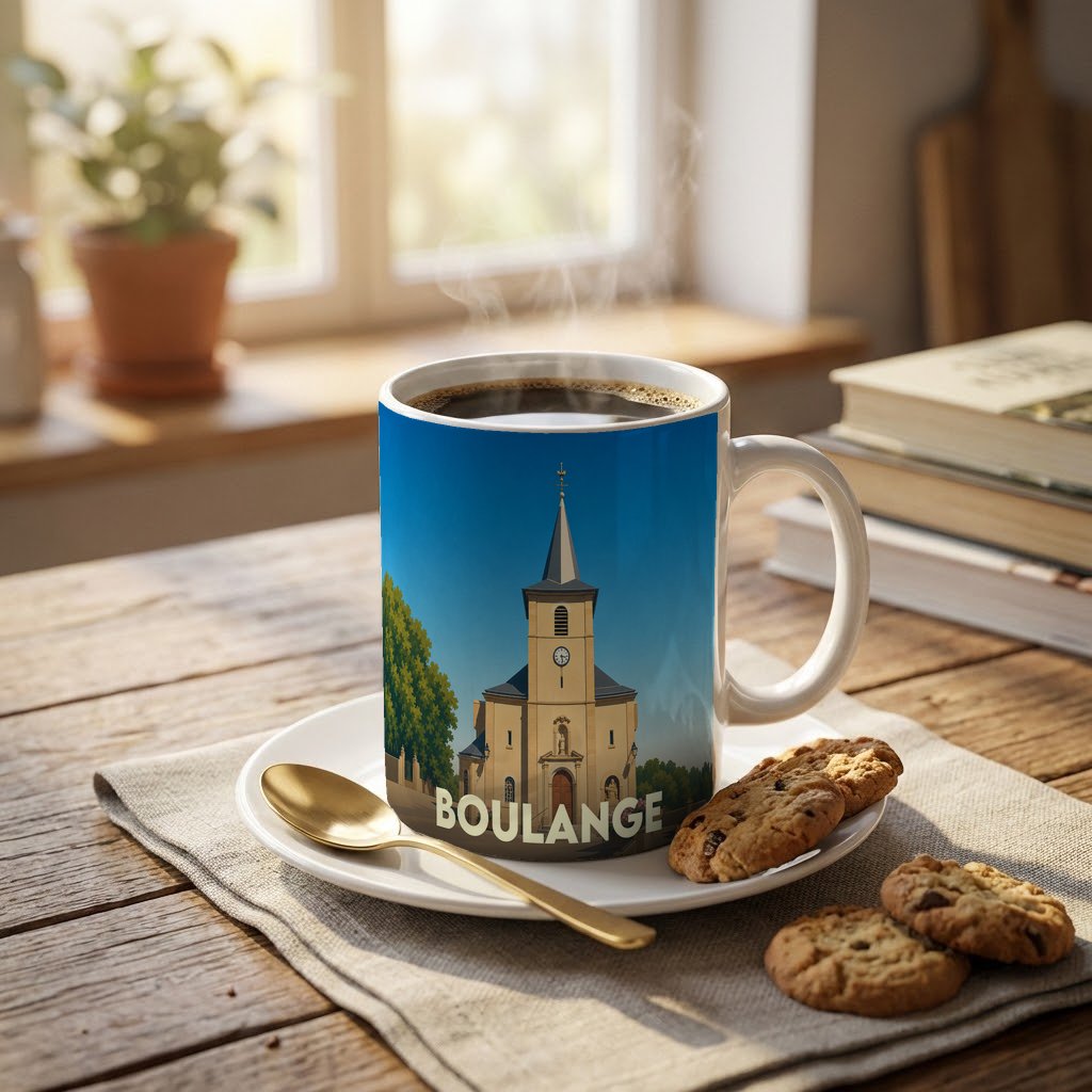 Mug souvenir de la ville de Boulange avec une illustration stylisée de son église.