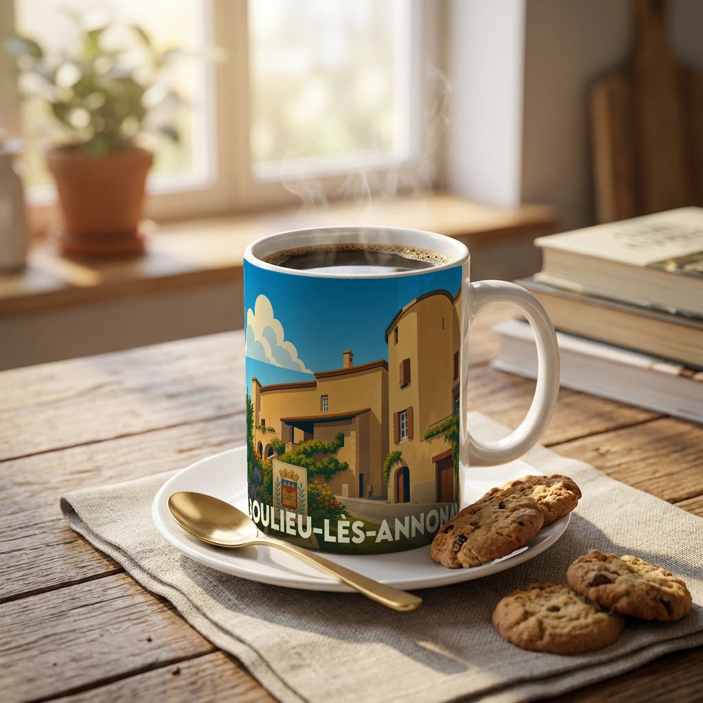 Mug souvenir de la ville de Boulieu-lès-Annonay avec une illustration stylisée de bâtiments historiques.