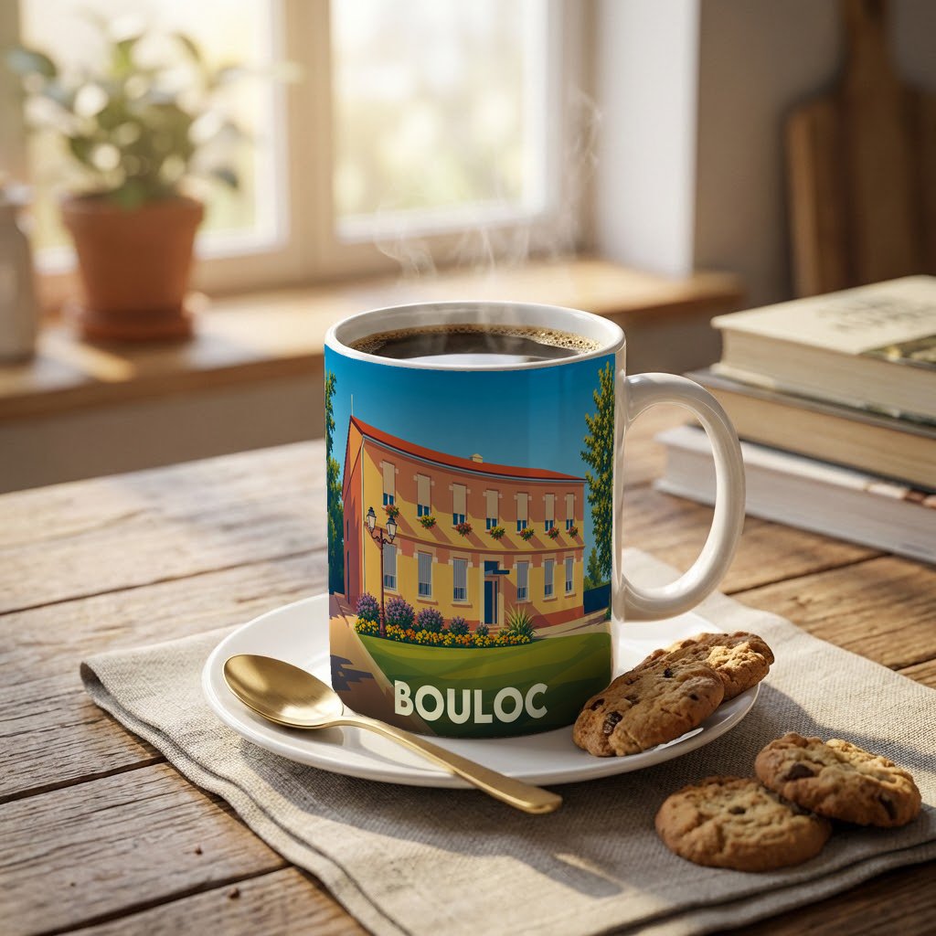 Mug souvenir de la ville de Bouloc avec une illustration stylisée.