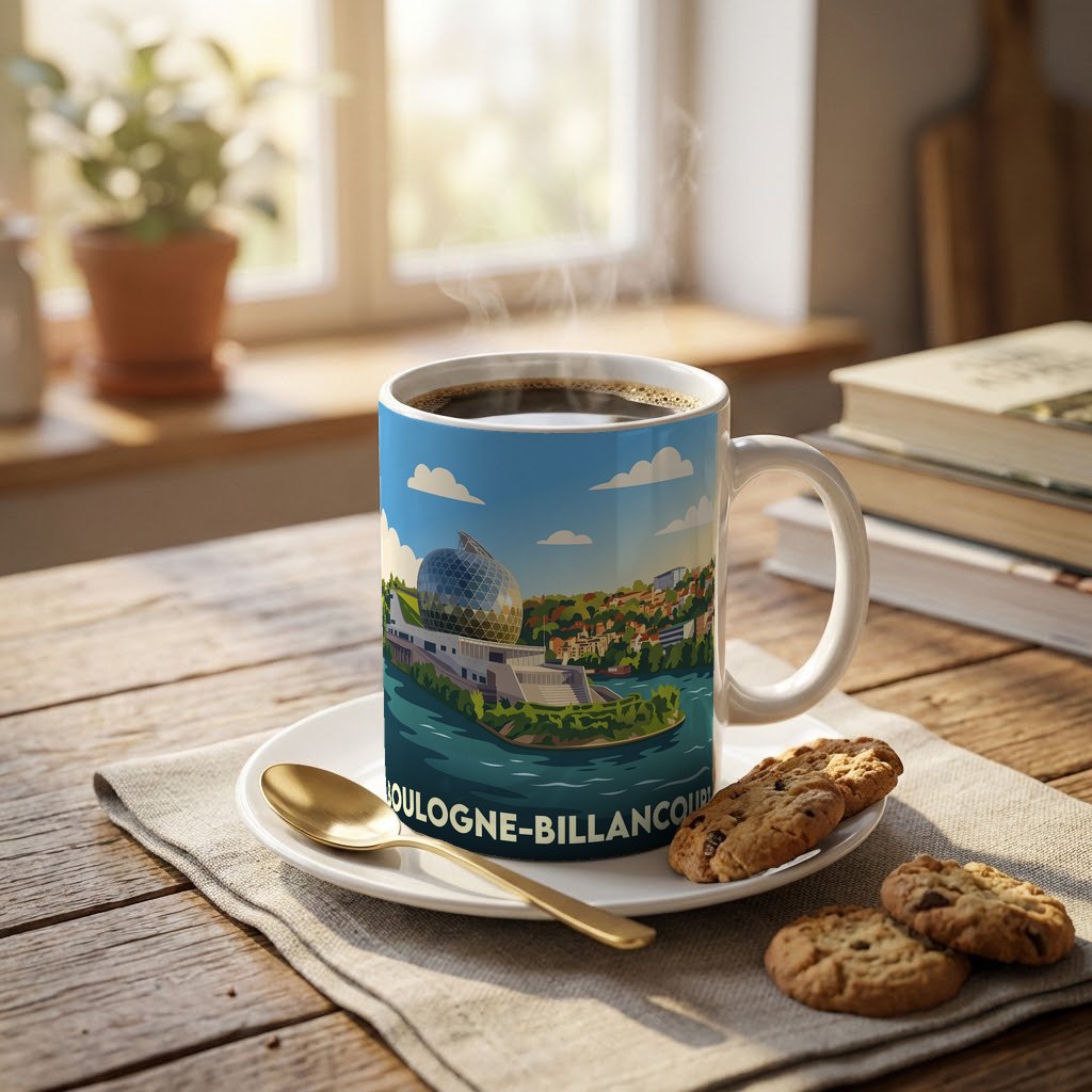 Mug souvenir de la ville de Boulogne-Billancourt avec une illustration stylisée de la Seine Musicale.