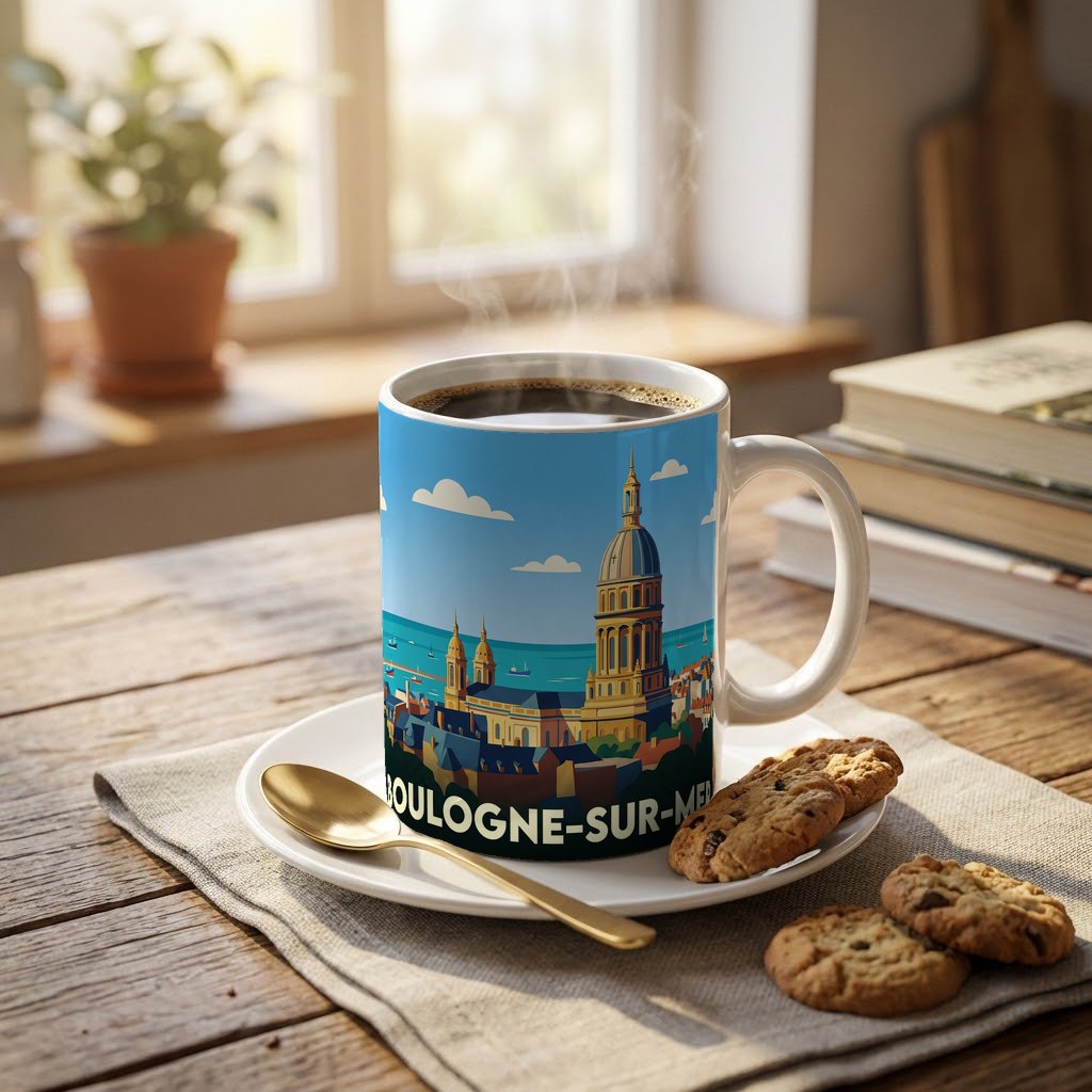 Mug souvenir de la ville de Boulogne-sur-Mer avec une illustration stylisée de son architecture emblématique.