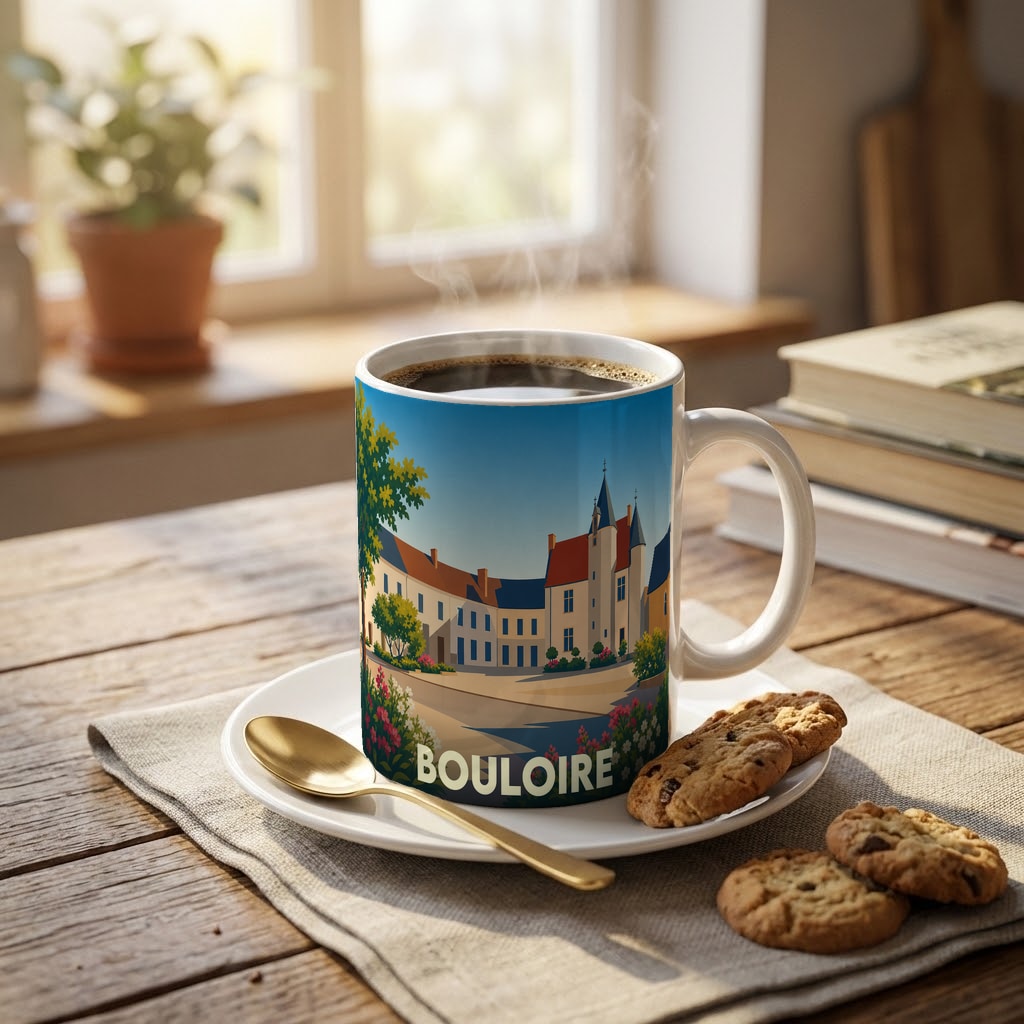 Mug souvenir de la ville de Bouloire orné d'une illustration stylisée de son patrimoine architectural.