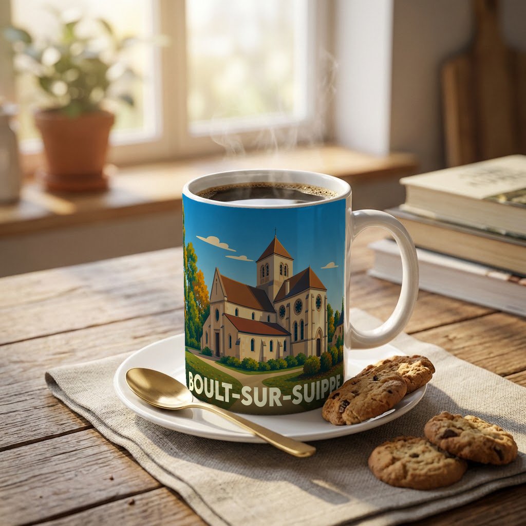 Mug souvenir de la ville de Boult-sur-Suippe avec une illustration stylisée de son église.