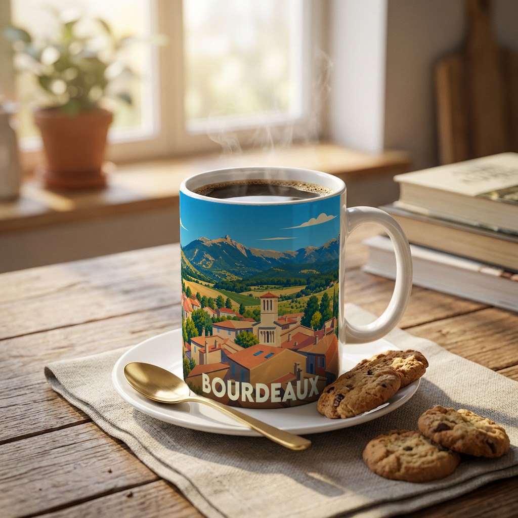 Mug souvenir de la ville de Bourdeaux orné d'une illustration stylisée de son paysage et de ses montagnes.