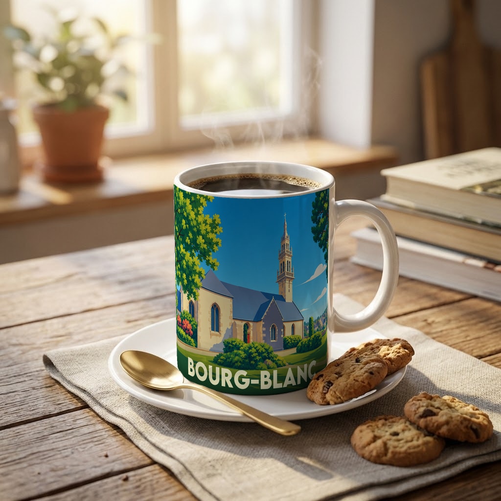 Mug souvenir de la ville de Bourg-Blanc avec une illustration stylisée de son église.