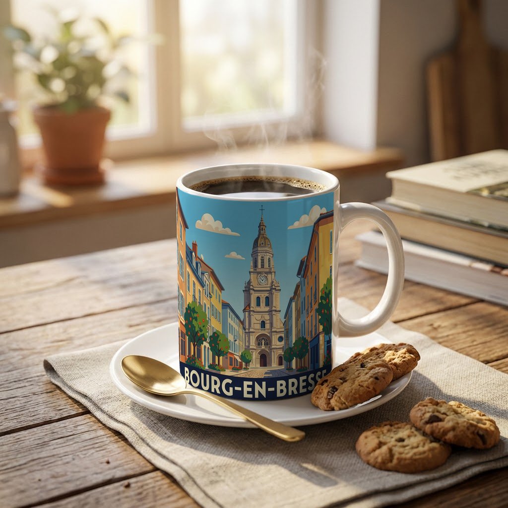 Mug souvenir de la ville de Bourg-en-Bresse avec une illustration stylisée.