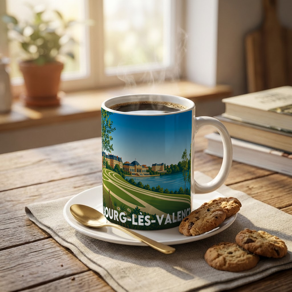 Mug souvenir de la ville de Bourg-lès-Valence avec une illustration stylisée.