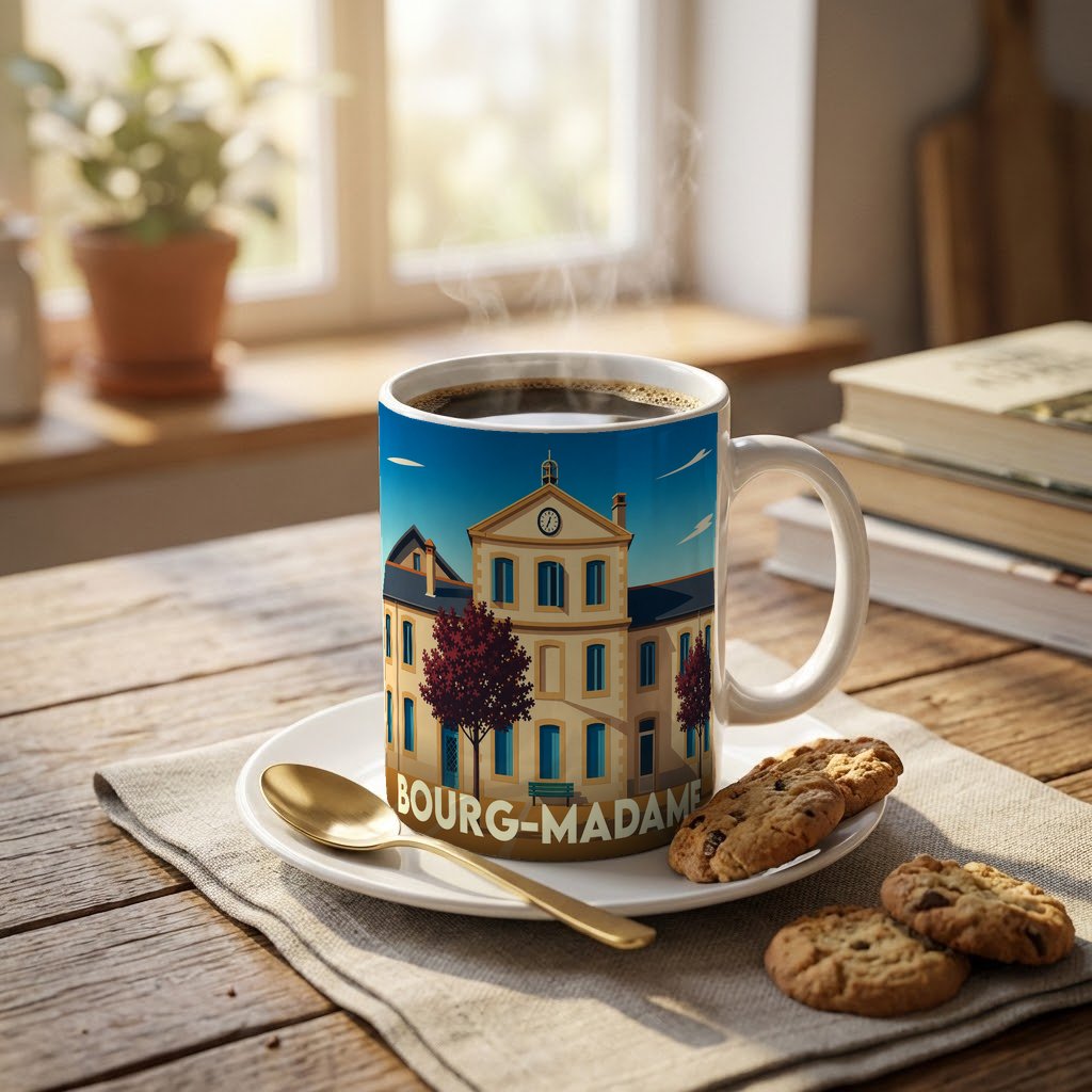 Mug souvenir de la ville de Bourg-Madame avec une illustration stylisée de sa mairie.