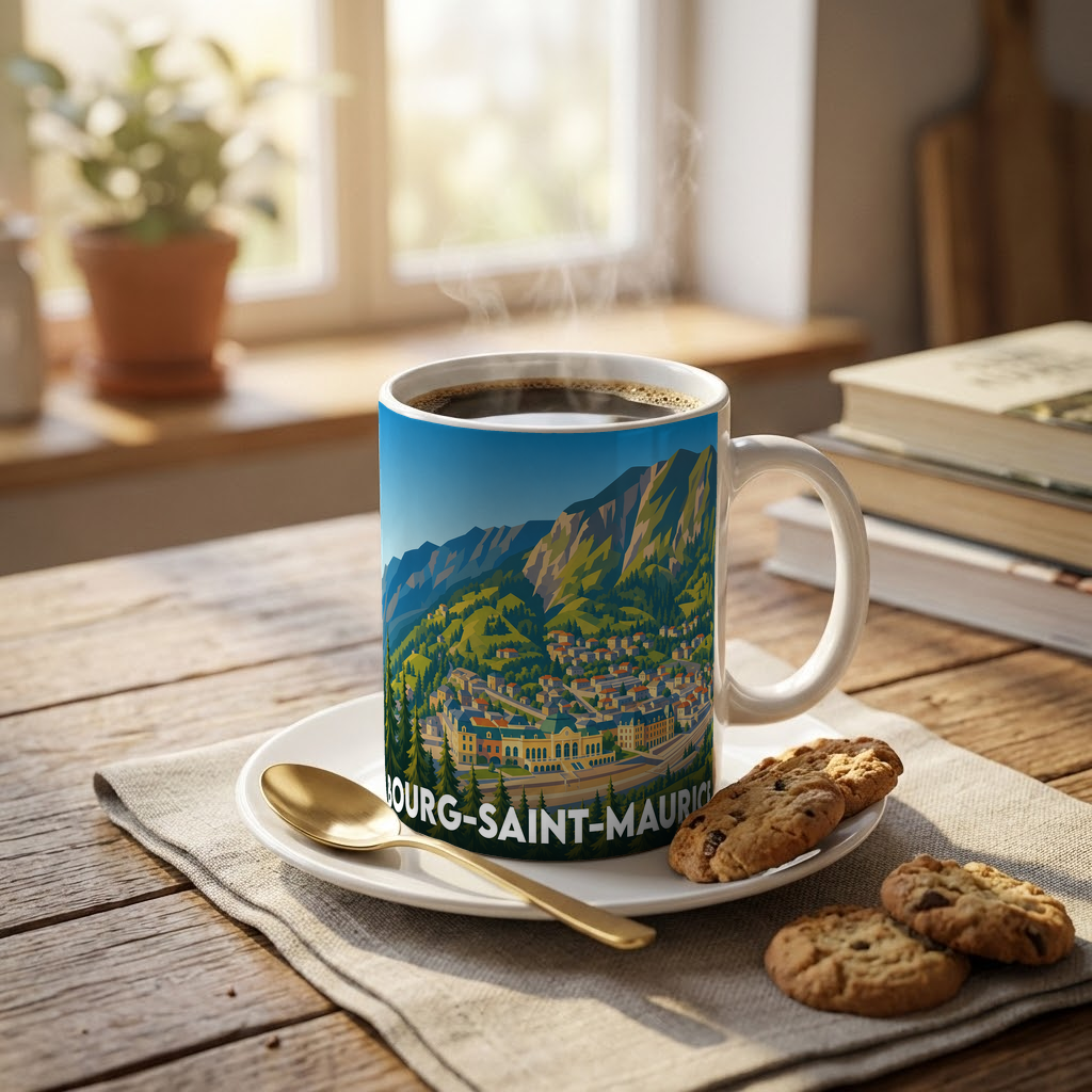 Mug souvenir de la ville de Bourg-Saint-Maurice orné d'une illustration stylisée de montagne.