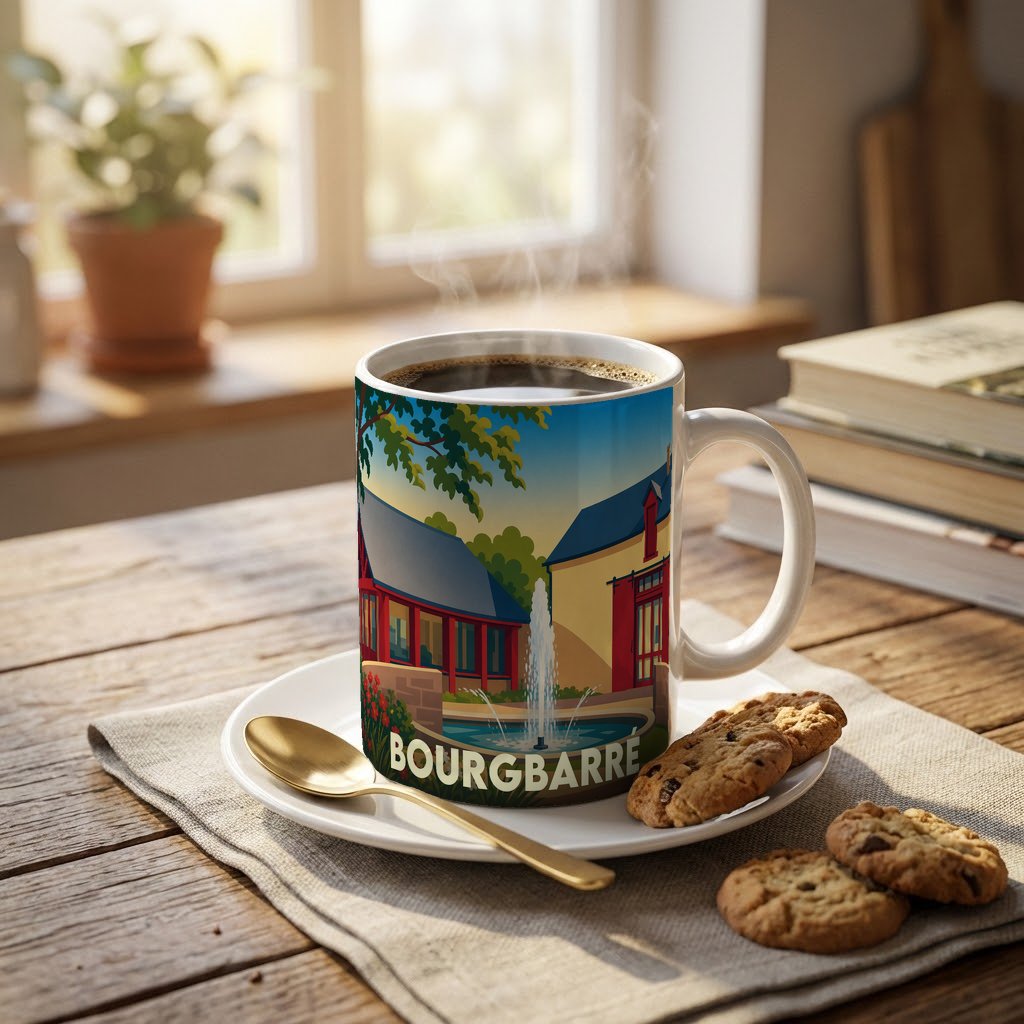 Mug souvenir de la ville de Bourgbarré orné d'une illustration stylisée représentant un paysage local avec une fontaine.