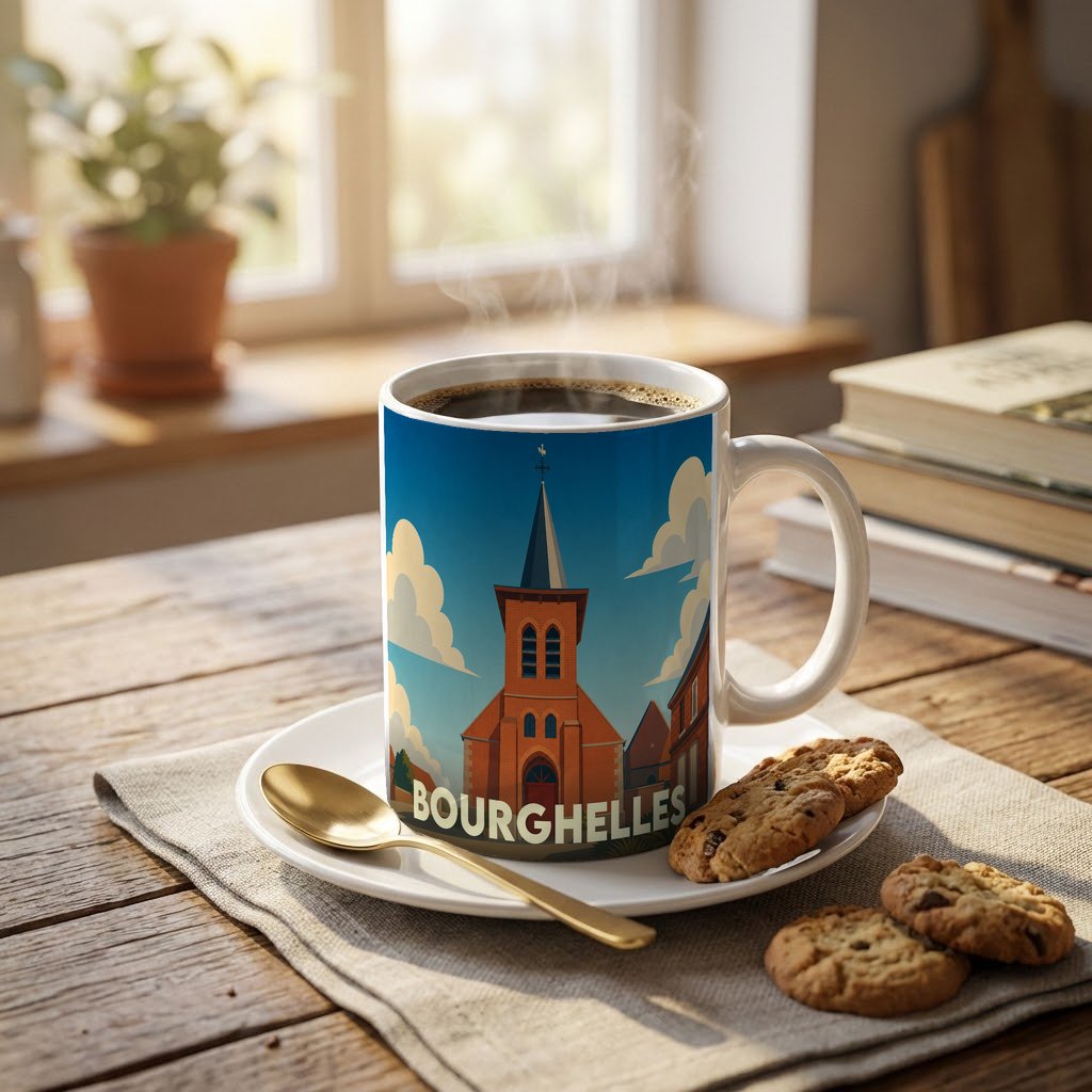 Mug souvenir de la ville de Bourghelles avec une illustration stylisée de son église.