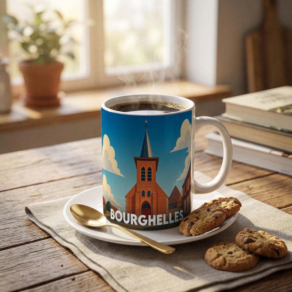Mug souvenir de la ville de Bourghelles avec une illustration stylisée de son église.