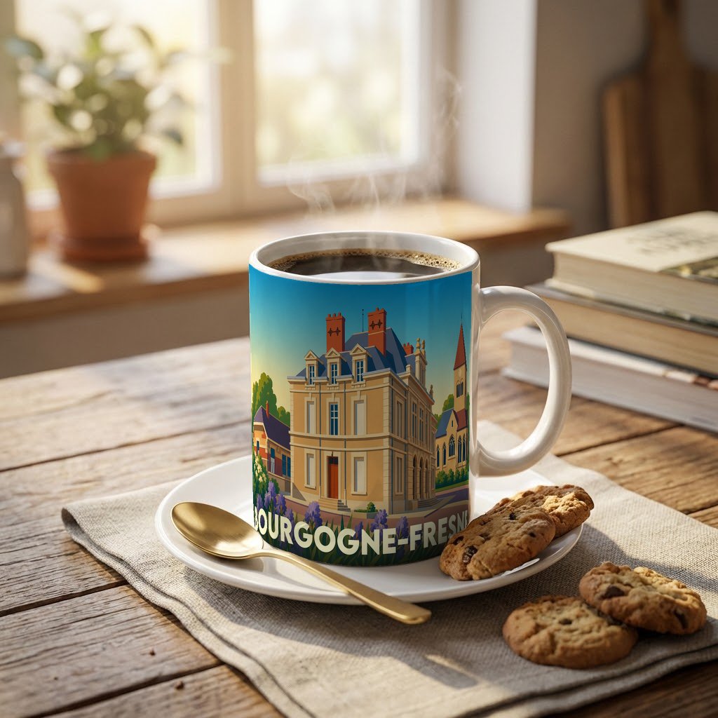 Mug souvenir de la ville de Bourgogne-Fresne illustré d'un bâtiment historique stylisé.