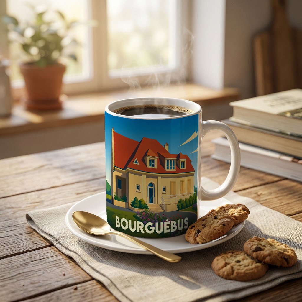 Mug souvenir de la ville de Bourguébus avec une illustration stylisée d'une maison normande.