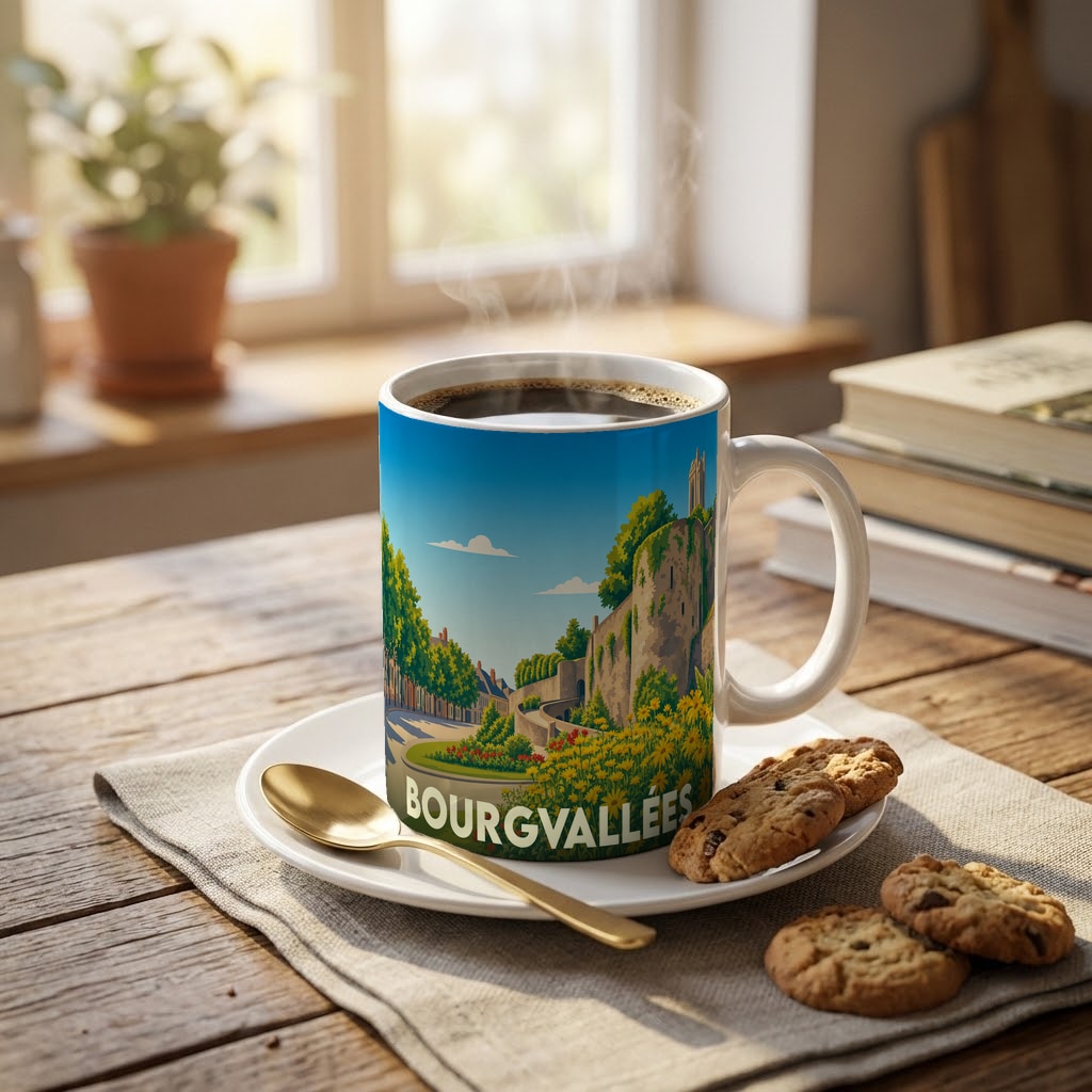 Mug souvenir de la ville de Bourgvallées orné d'une illustration stylisée de ses remparts fleuris.
