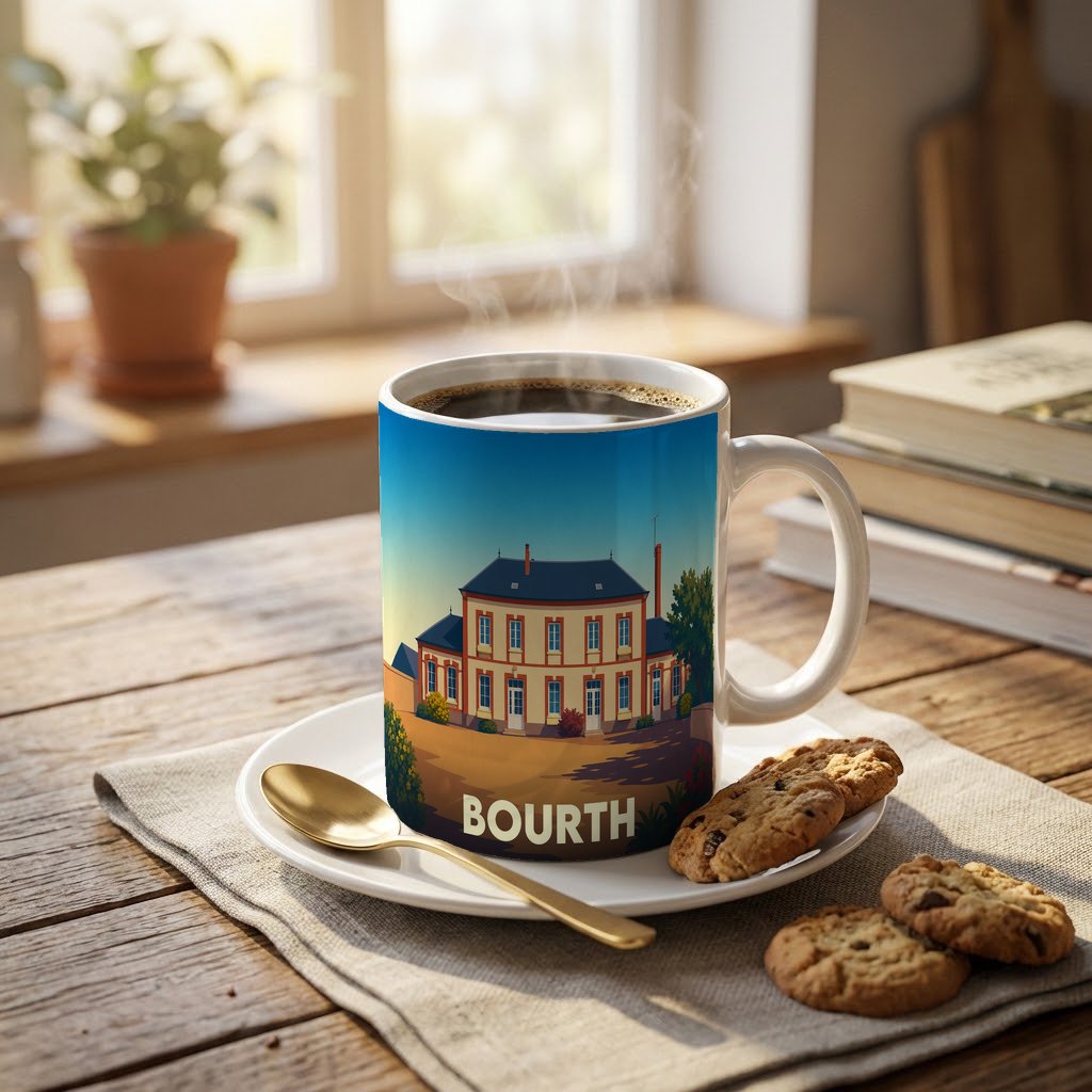 Mug souvenir de la ville de Bourth avec une illustration stylisée d'un bâtiment historique.