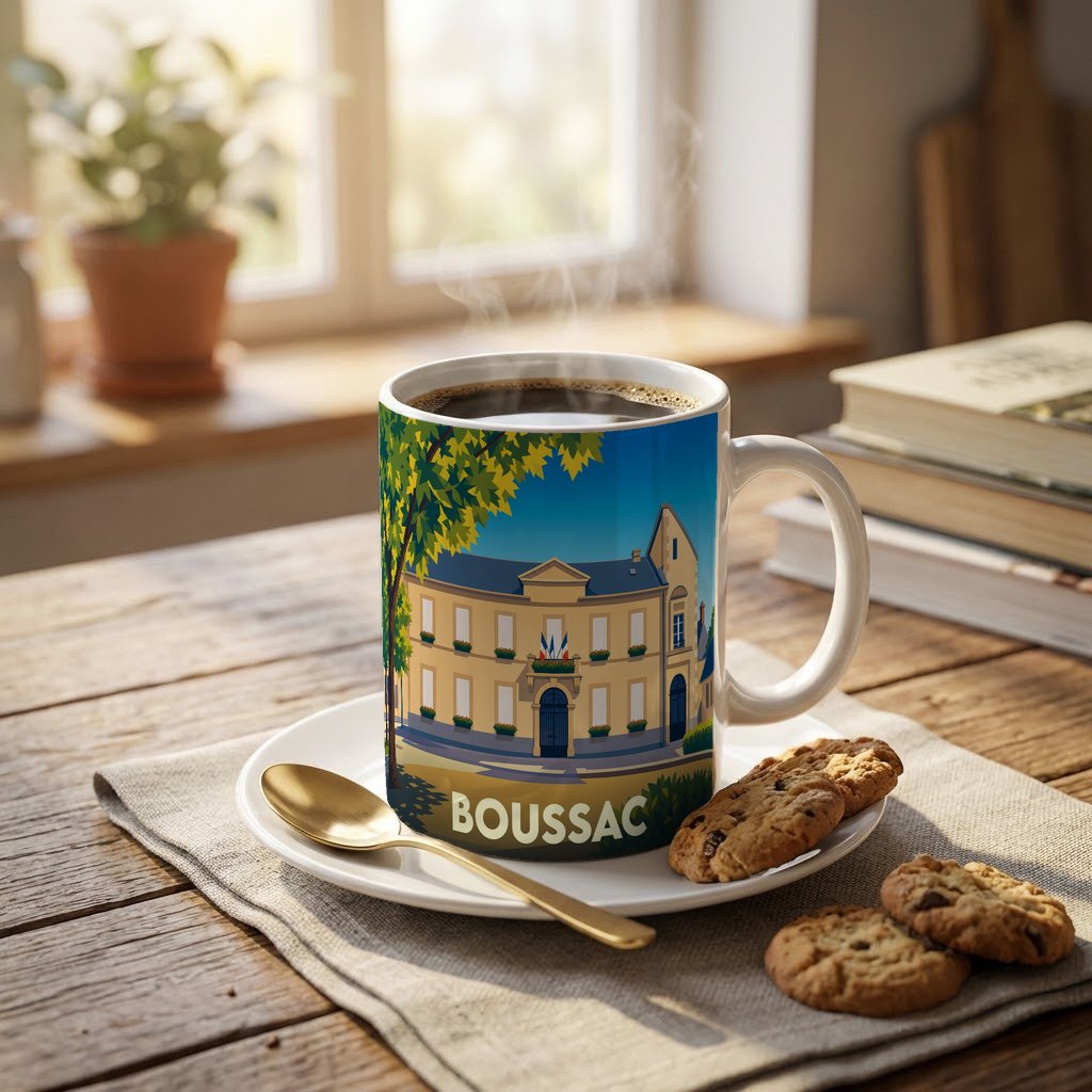 Mug souvenir de la ville de Boussac avec une illustration stylisée de sa mairie.