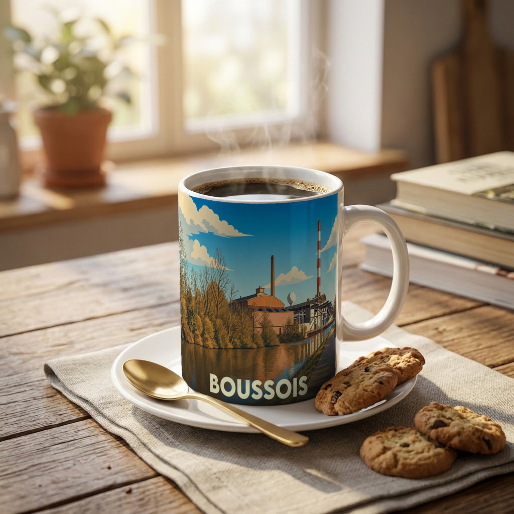 Mug souvenir de la ville de Boussois avec une illustration stylisée représentant un paysage industriel au bord de l'eau.