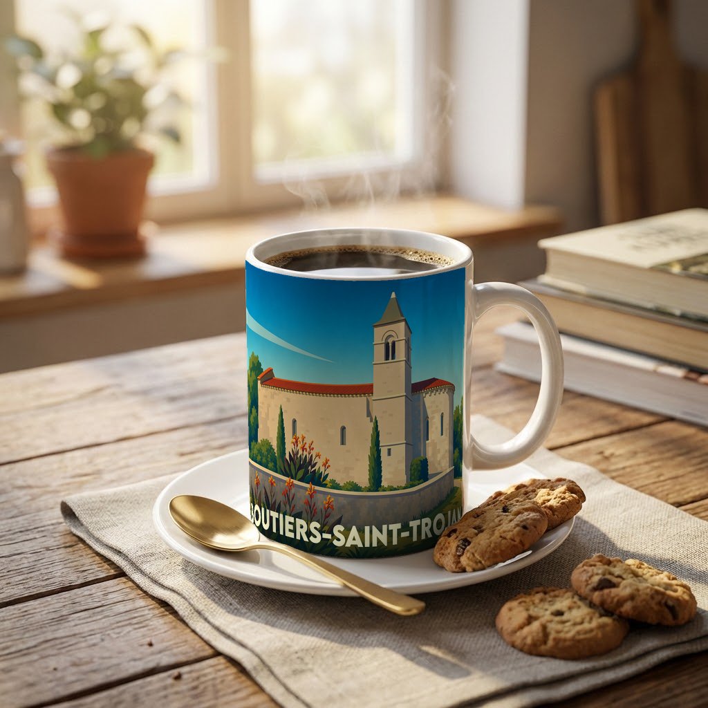 Mug souvenir de la ville de Boutiers-Saint-Trojan illustré d'un dessin stylisé de son église.