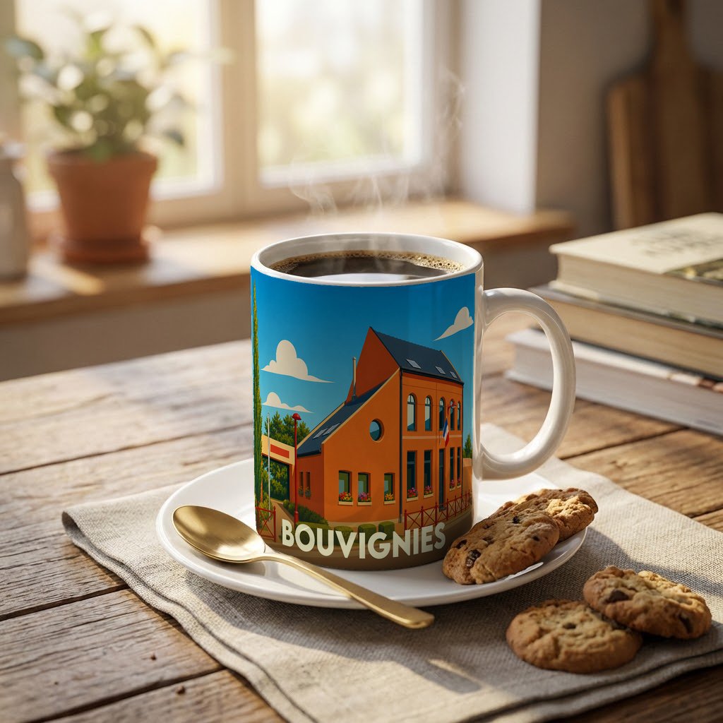 Mug souvenir de la ville de Bouvignies avec une illustration stylisée d'un bâtiment local.