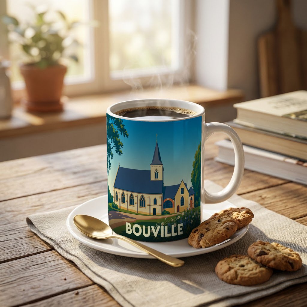 Mug souvenir de la ville de Bouville orné d'une illustration stylisée d'une église sous un ciel bleu.