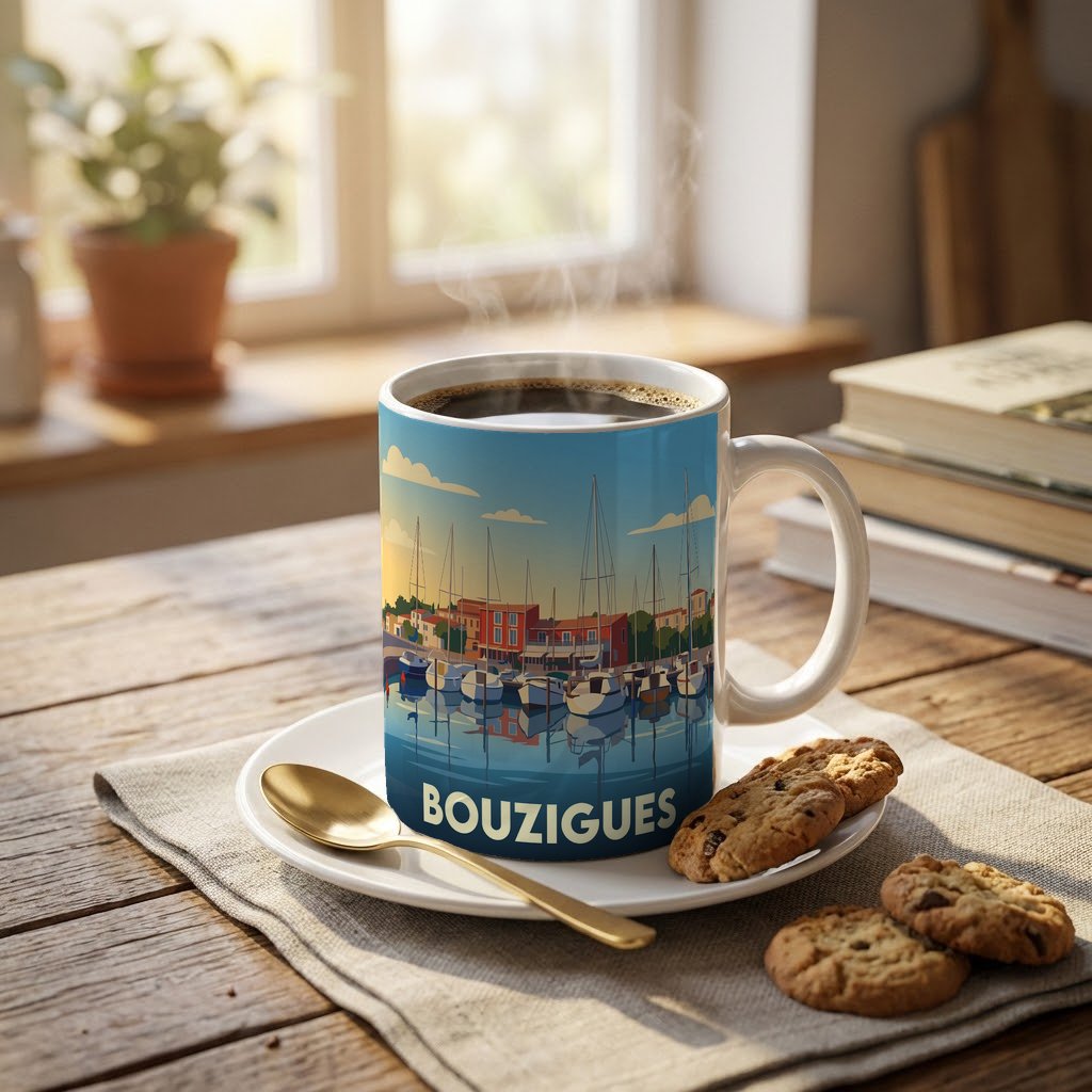 Mug souvenir de la ville de Bouzigues avec une illustration stylisée de son port.