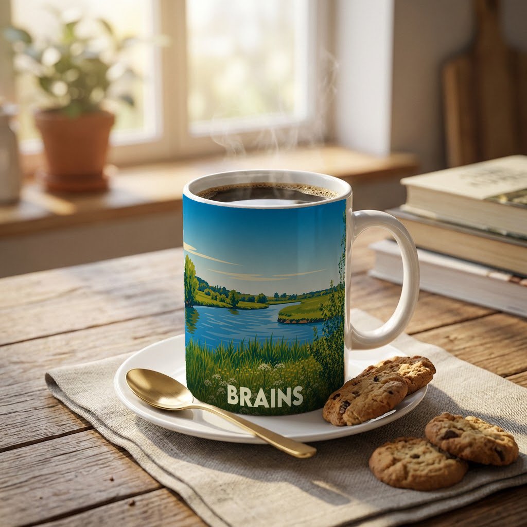 Mug souvenir de la ville de Brains avec une illustration stylisée de bords de rivière.