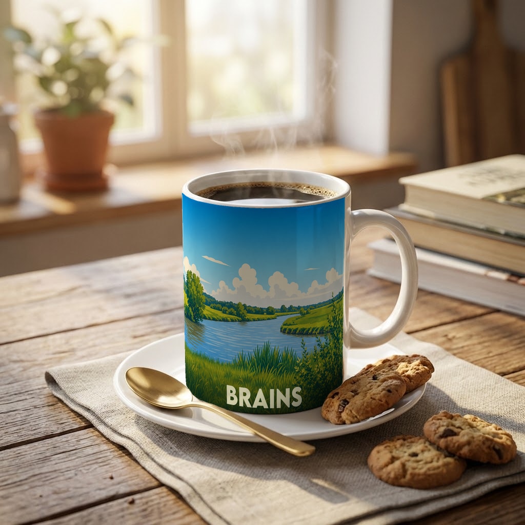 Mug souvenir de la ville de Brains avec une illustration stylisée de bords de rivière.