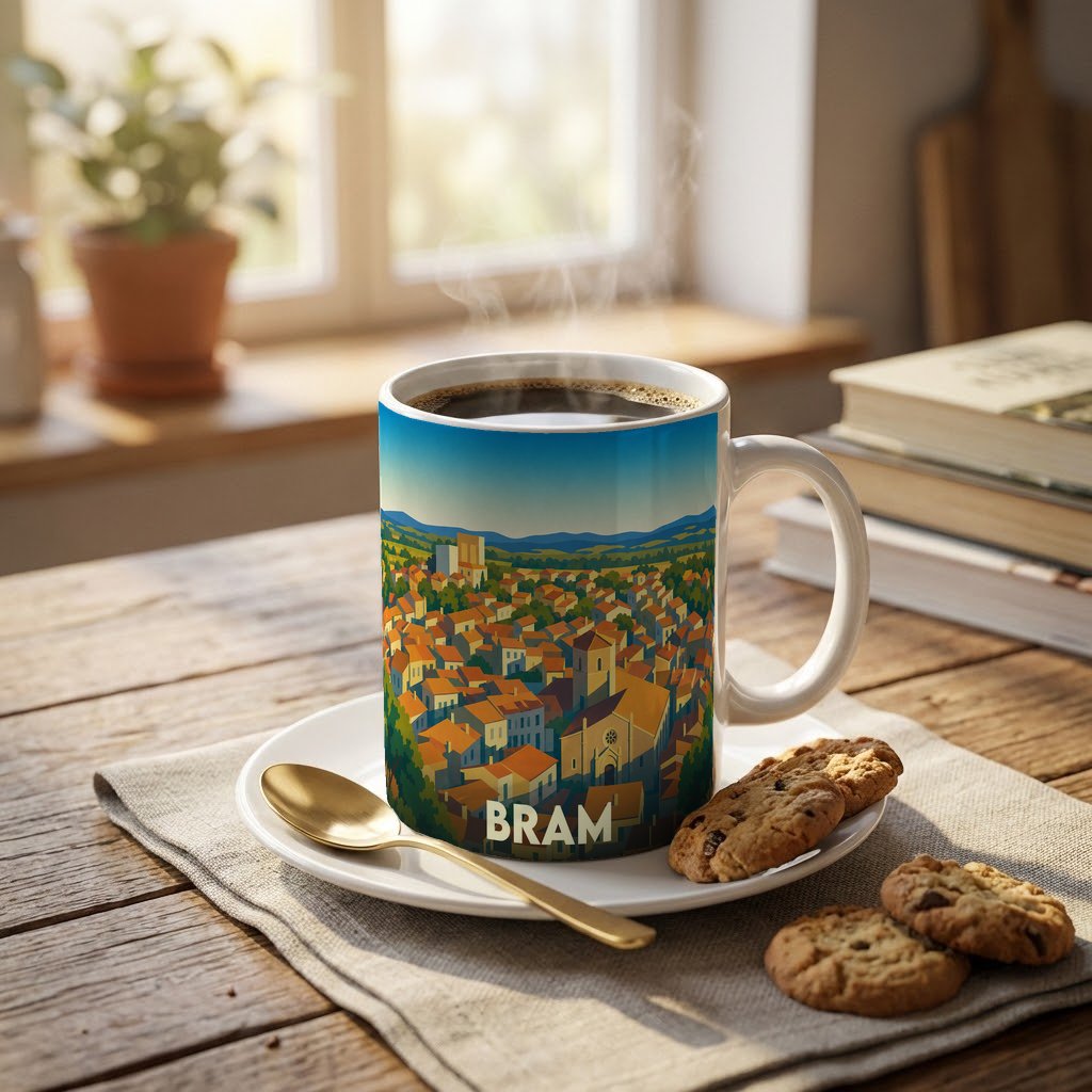 Mug souvenir de la ville de Bram orné d'une illustration stylisée de son paysage urbain.