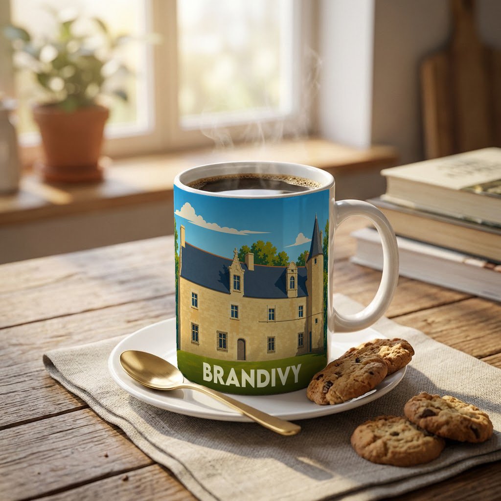 Mug souvenir de la ville de Brandivy avec une illustration stylisée d'un château.