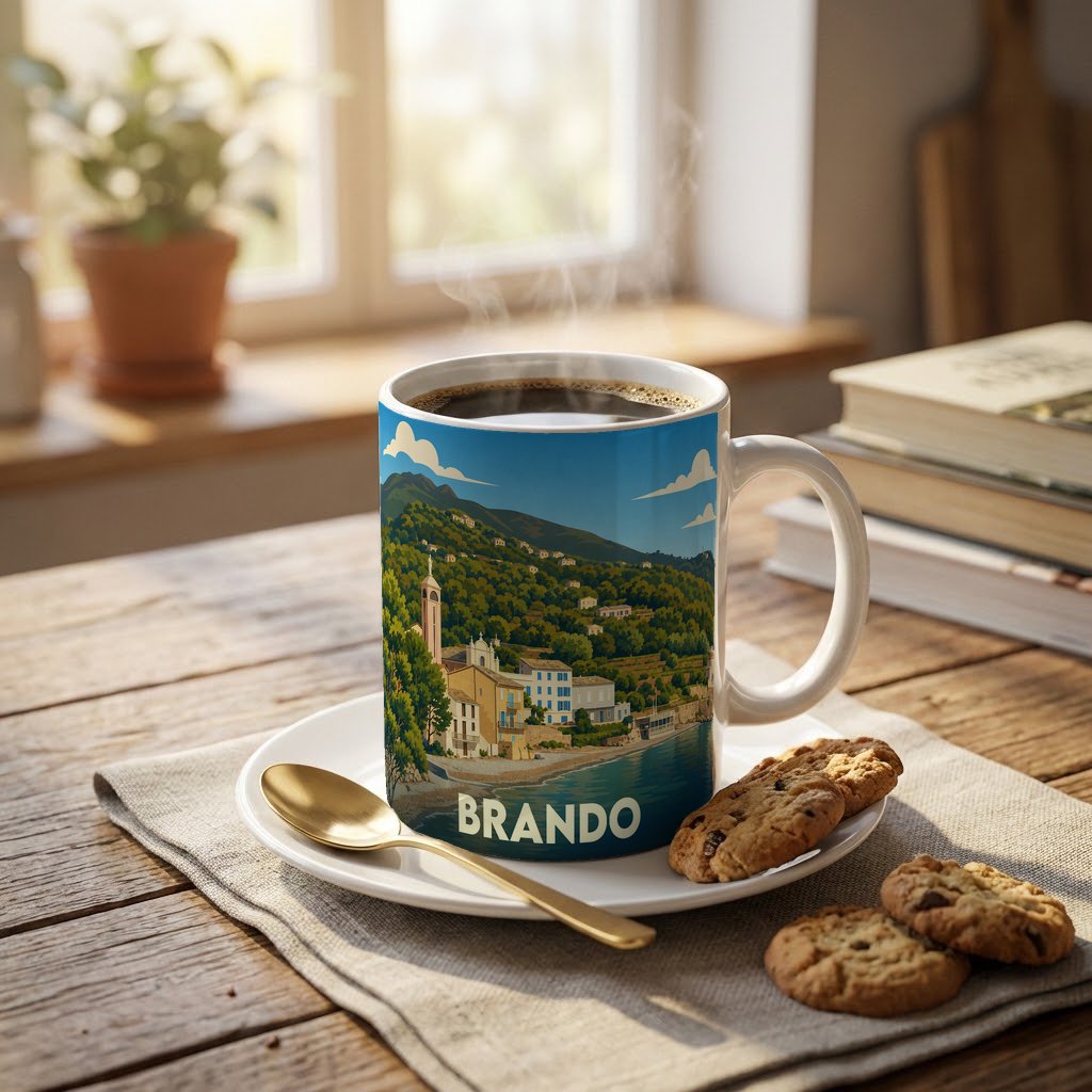 Mug souvenir de la ville de Brando avec une illustration stylisée de son paysage côtier.
