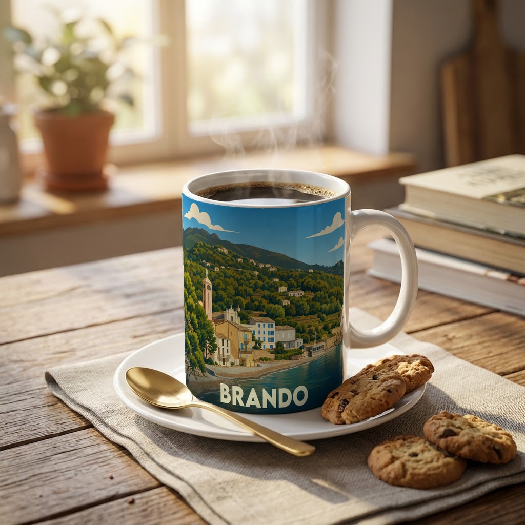 Mug souvenir de la ville de Brando avec une illustration stylisée de son paysage côtier.