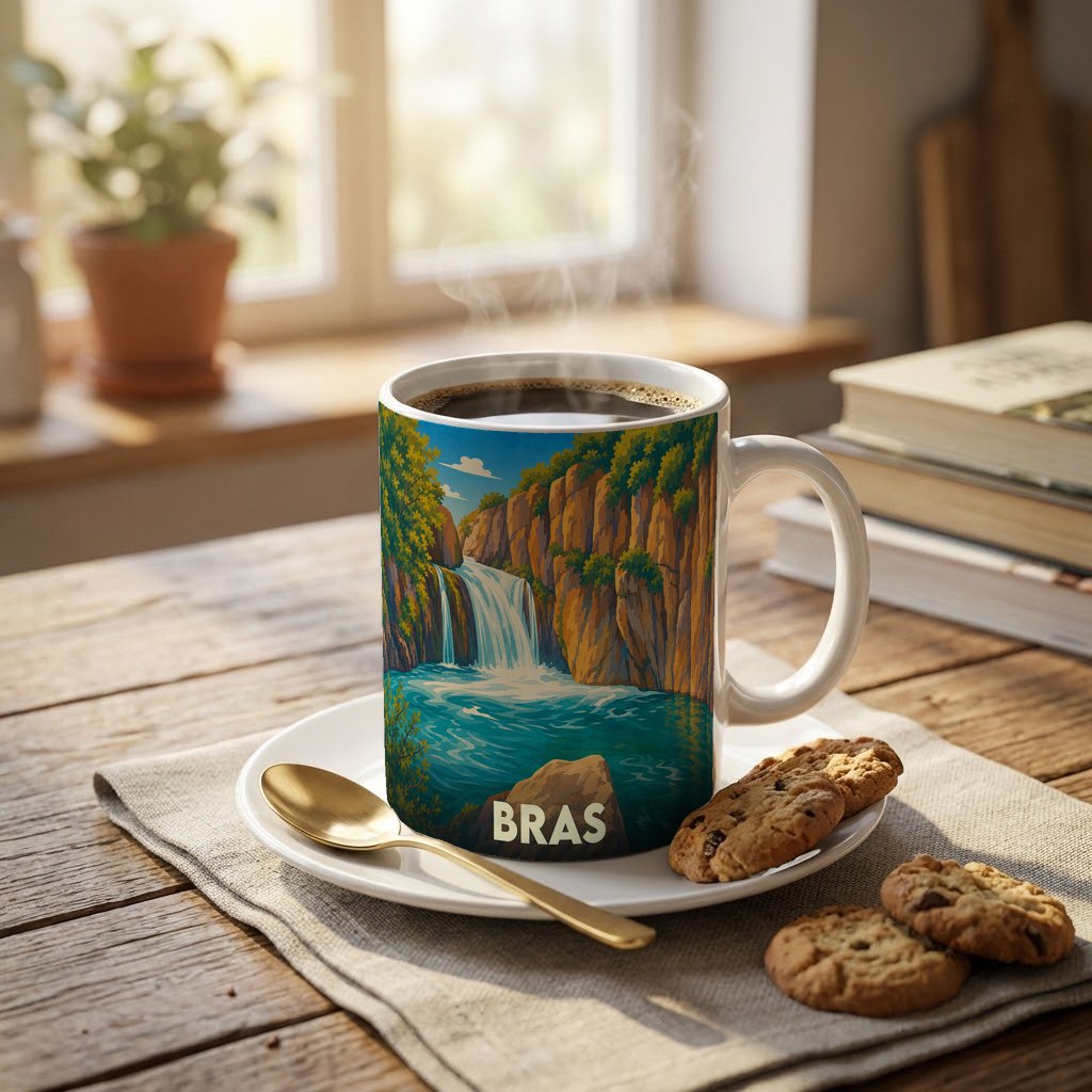 Mug souvenir de la ville de Bras orné d'une illustration stylisée de cascade.