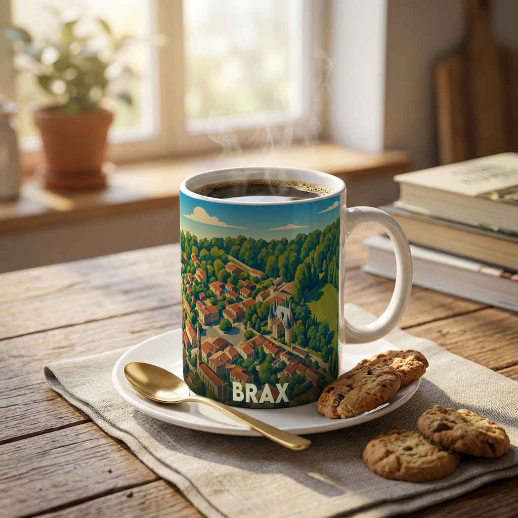 Mug souvenir de la ville de Brax avec une illustration stylisée et colorée.