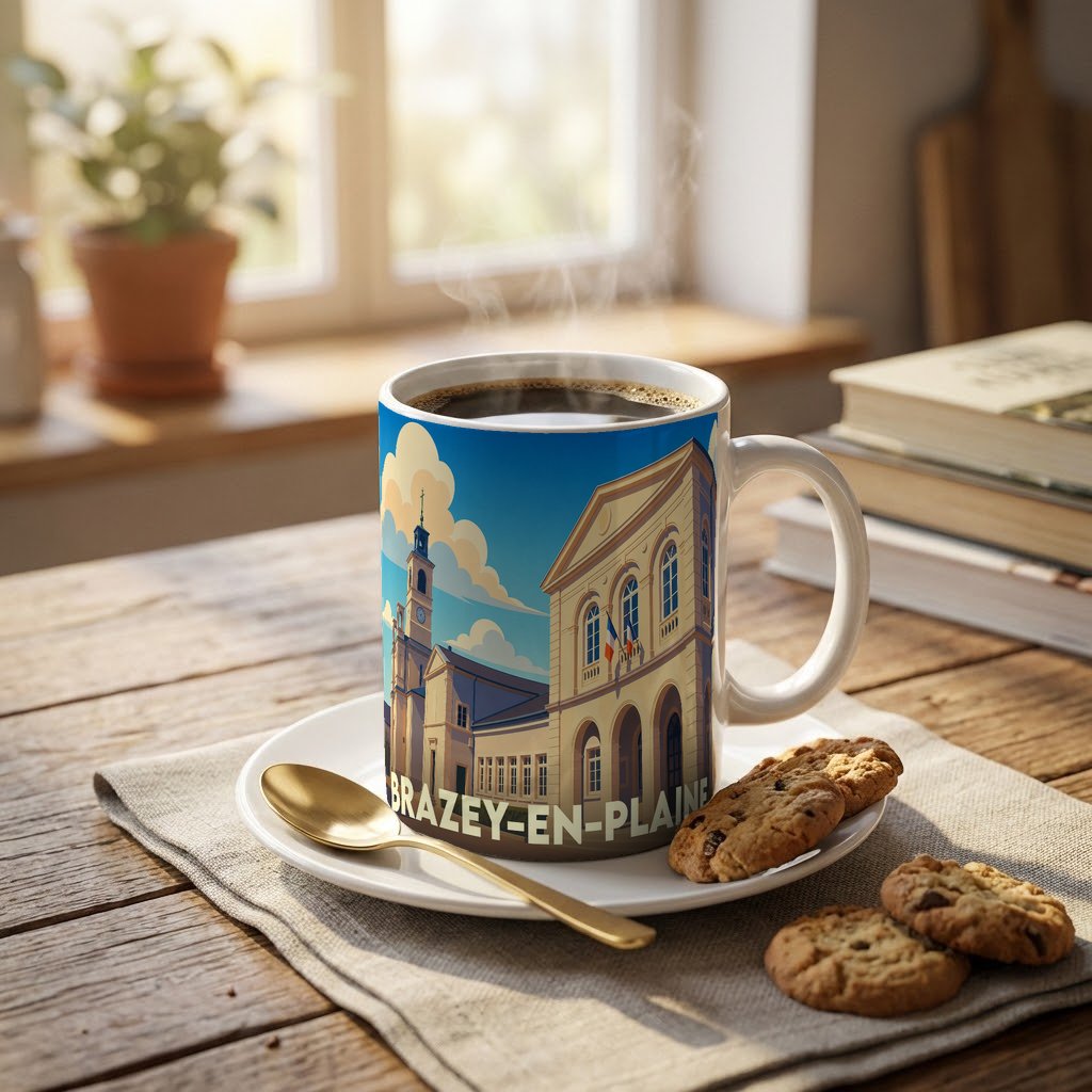 Mug souvenir de la ville de Brazey-en-Plaine avec une illustration stylisée.