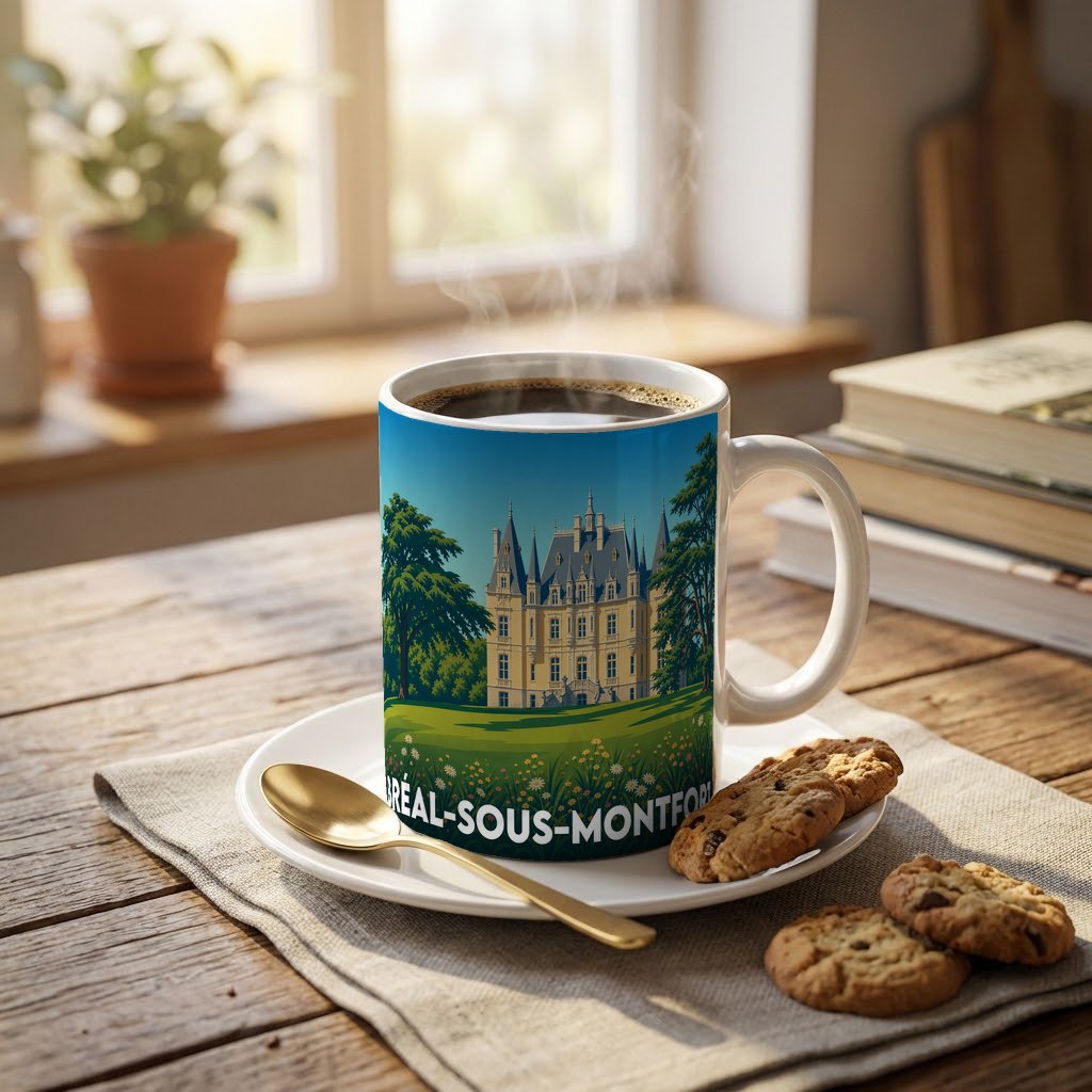 Mug souvenir de la ville de Bréal-sous-Montfort avec une illustration stylisée d'un château.
