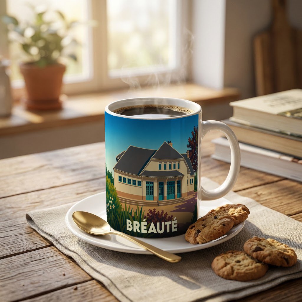 Mug souvenir de la ville de Bréauté avec une illustration stylisée de sa gare sur une table en bois.