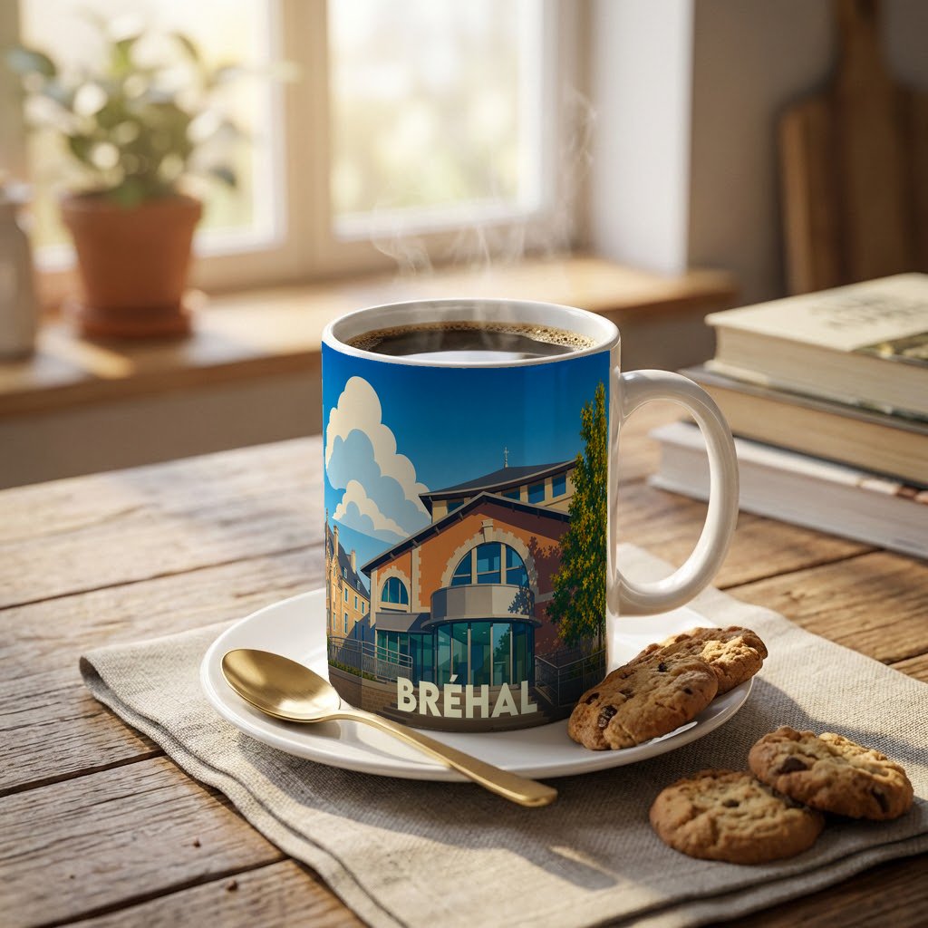 Mug souvenir de la ville de Bréhal avec une illustration stylisée et colorée.