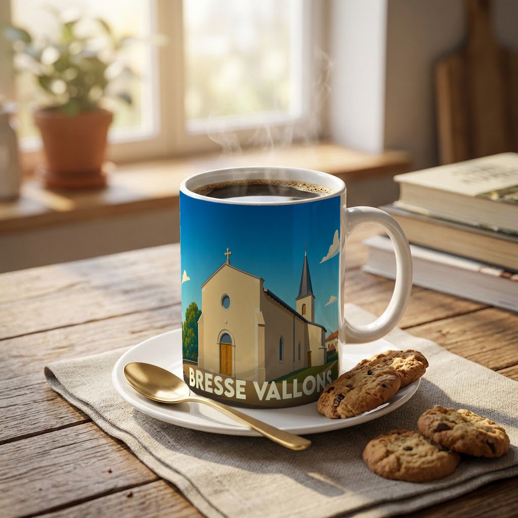 Mug souvenir de la ville de Bresse Vallons orné d'une illustration stylisée de son église.