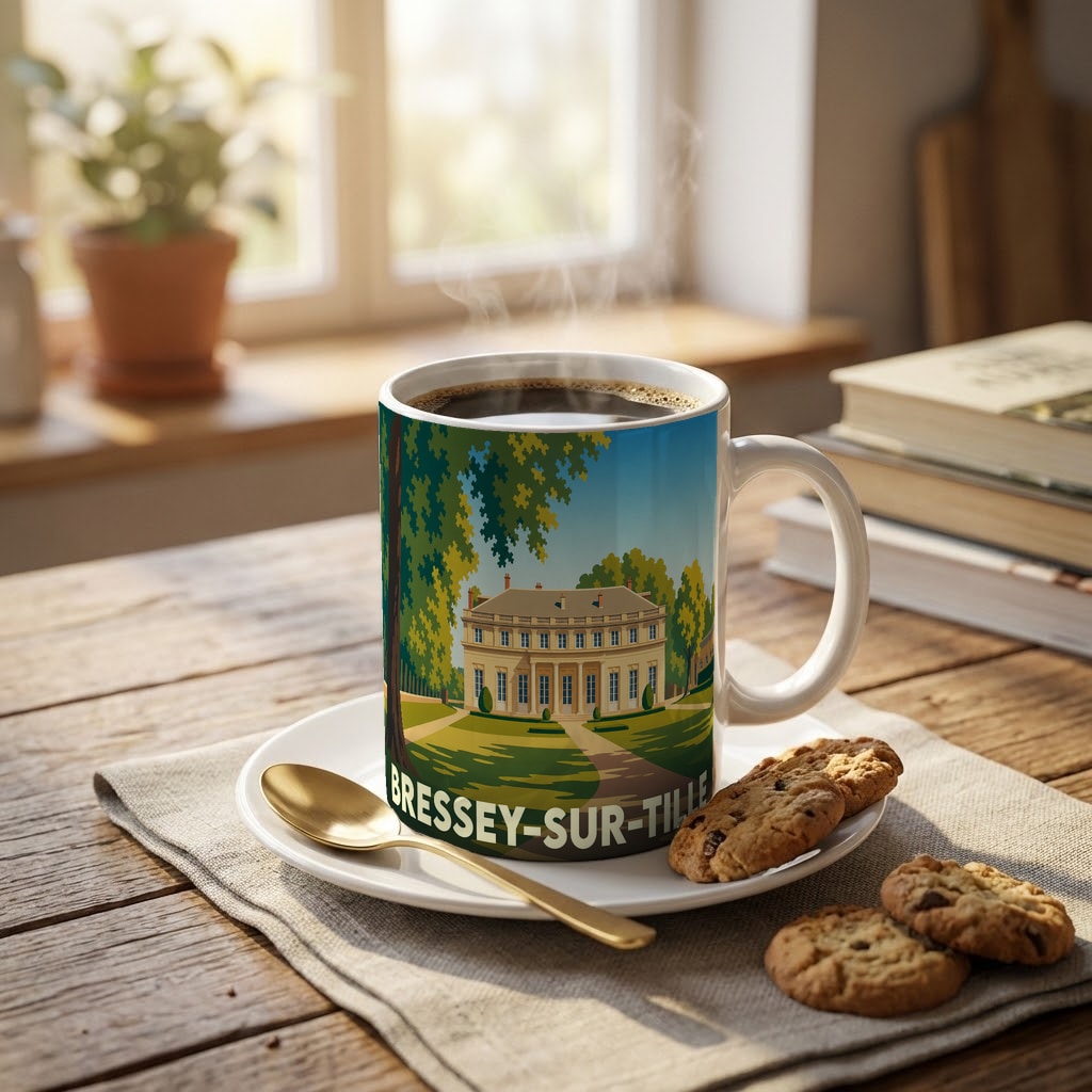 Mug souvenir de la ville de Bressey-sur-Tille avec une illustration stylisée d'une demeure bourgeoise.