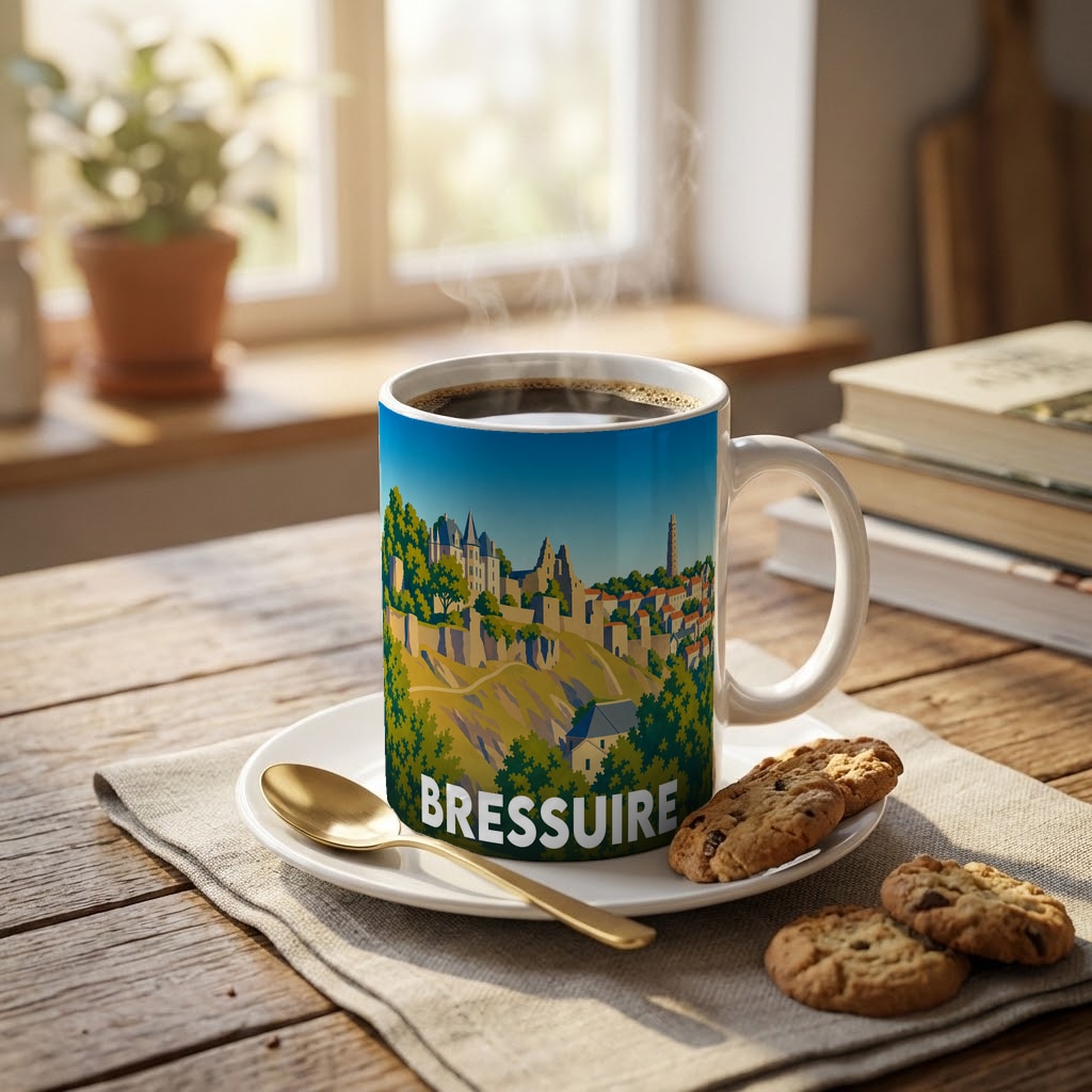 Mug souvenir de la ville de Bressuire avec une illustration stylisée.