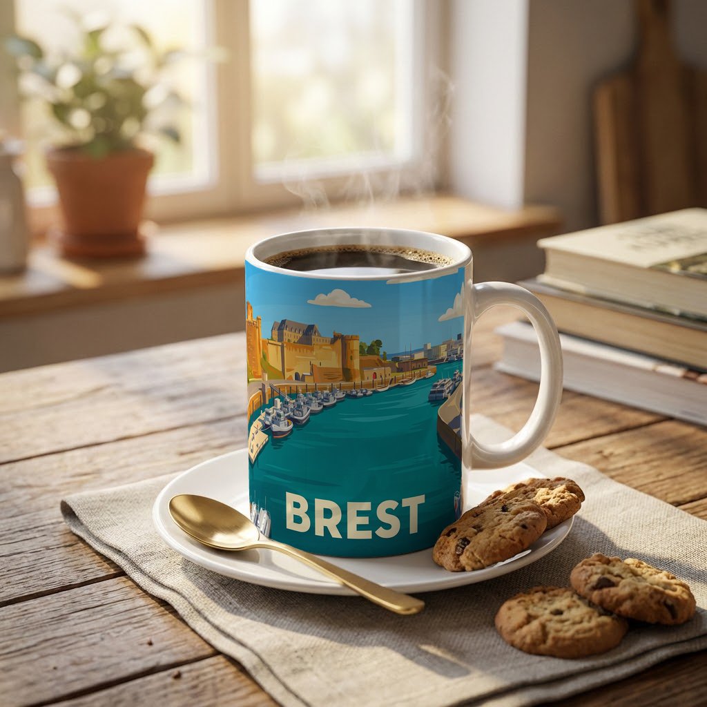 Mug souvenir de la ville de Brest avec une illustration stylisée de son port et de son château.