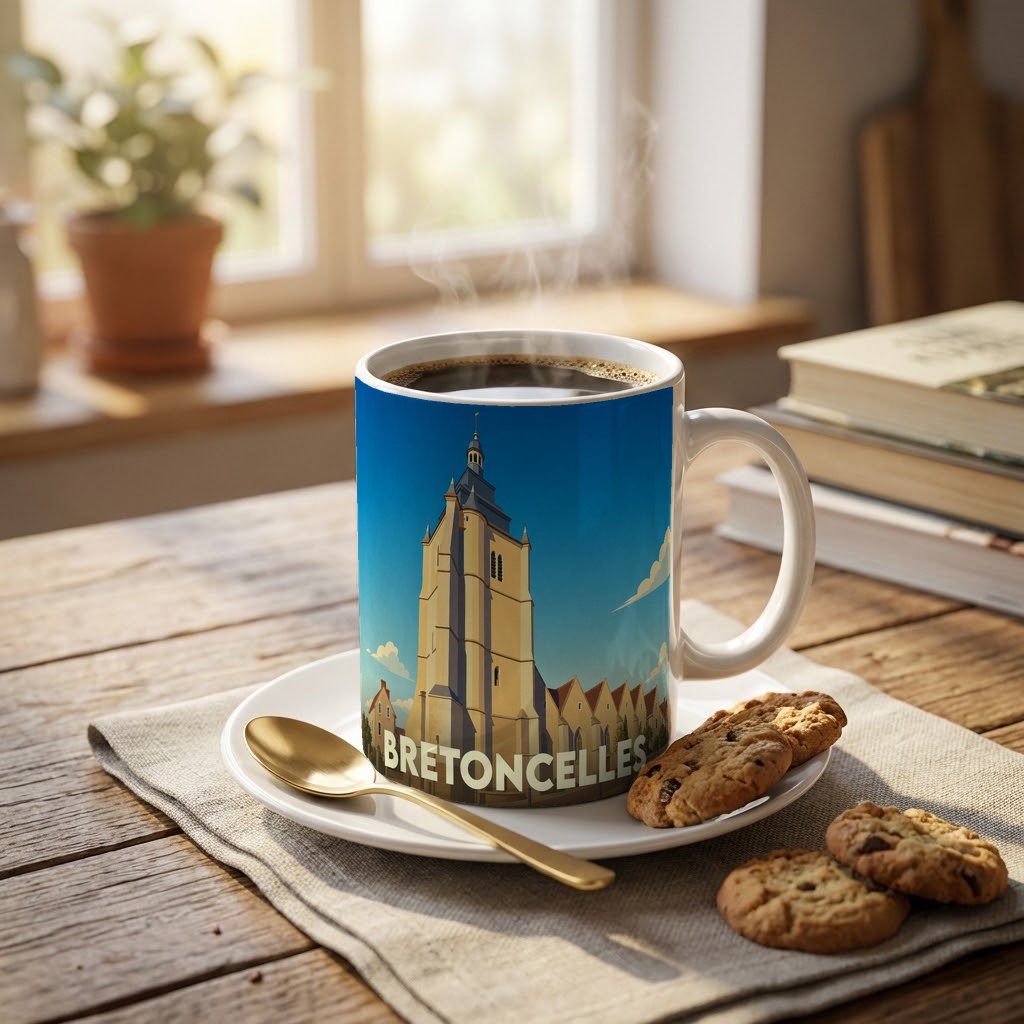 Mug souvenir de la ville de Bretoncelles orné d'une illustration stylisée de son église.