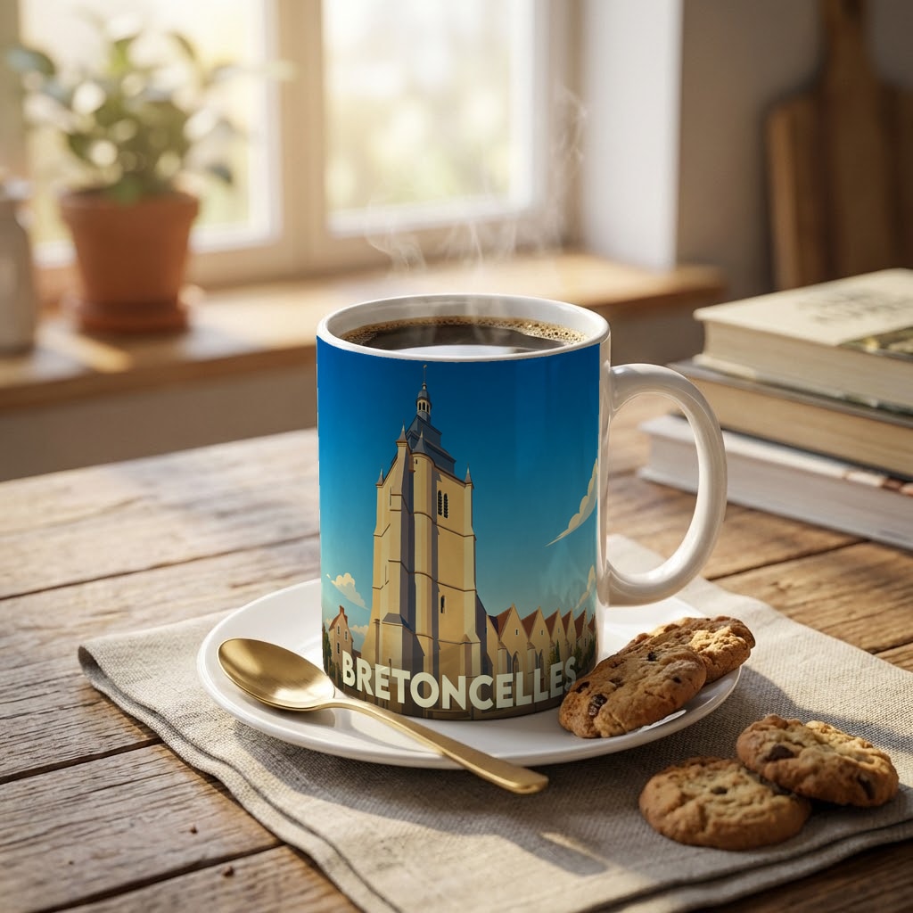 Mug souvenir de la ville de Bretoncelles orné d'une illustration stylisée de son église.