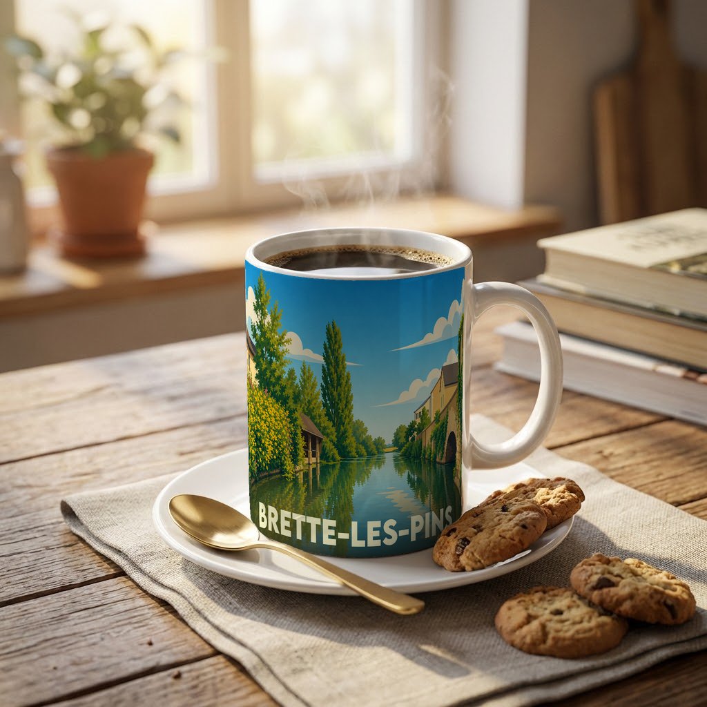 Mug souvenir de la ville de Brette-les-Pins illustré par un paysage de rivière calme et ensoleillé.