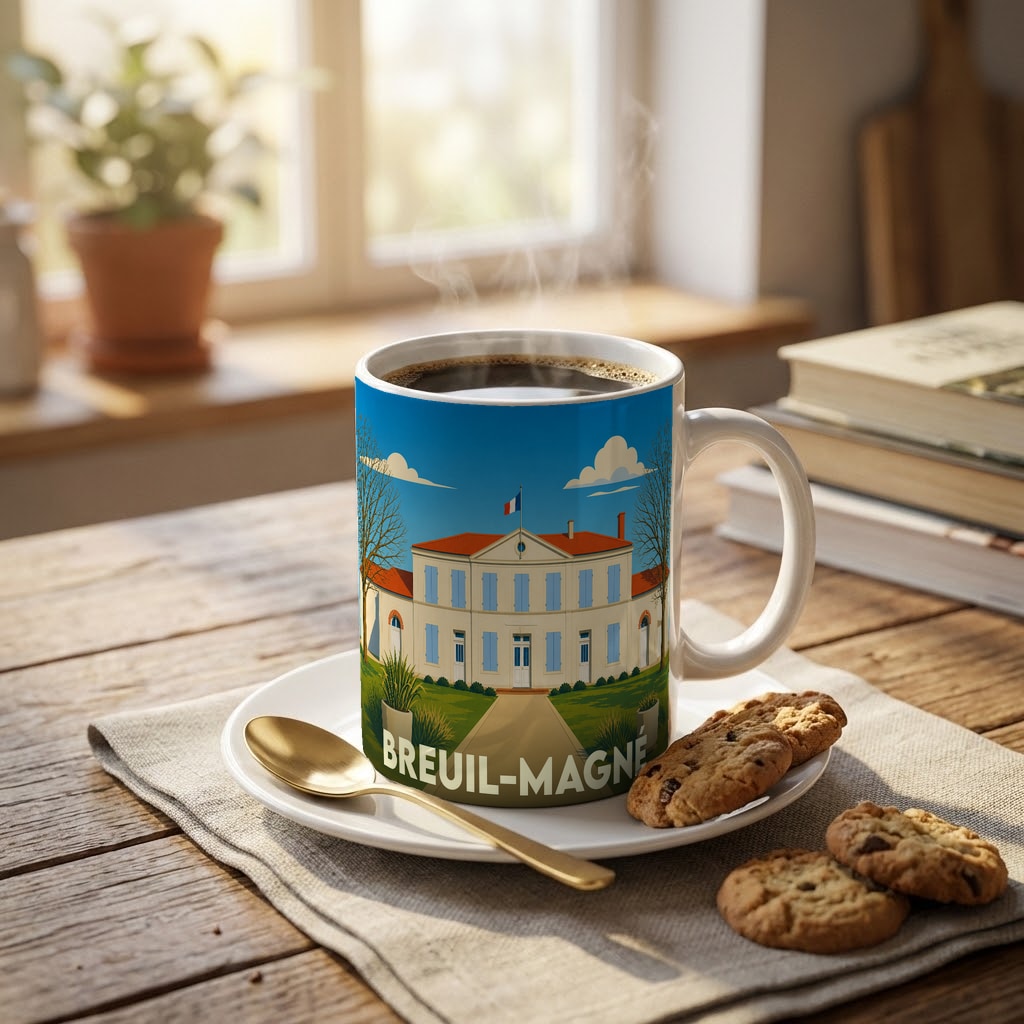 Mug souvenir de la ville de Breuil-Magné avec une illustration stylisée de sa mairie.
