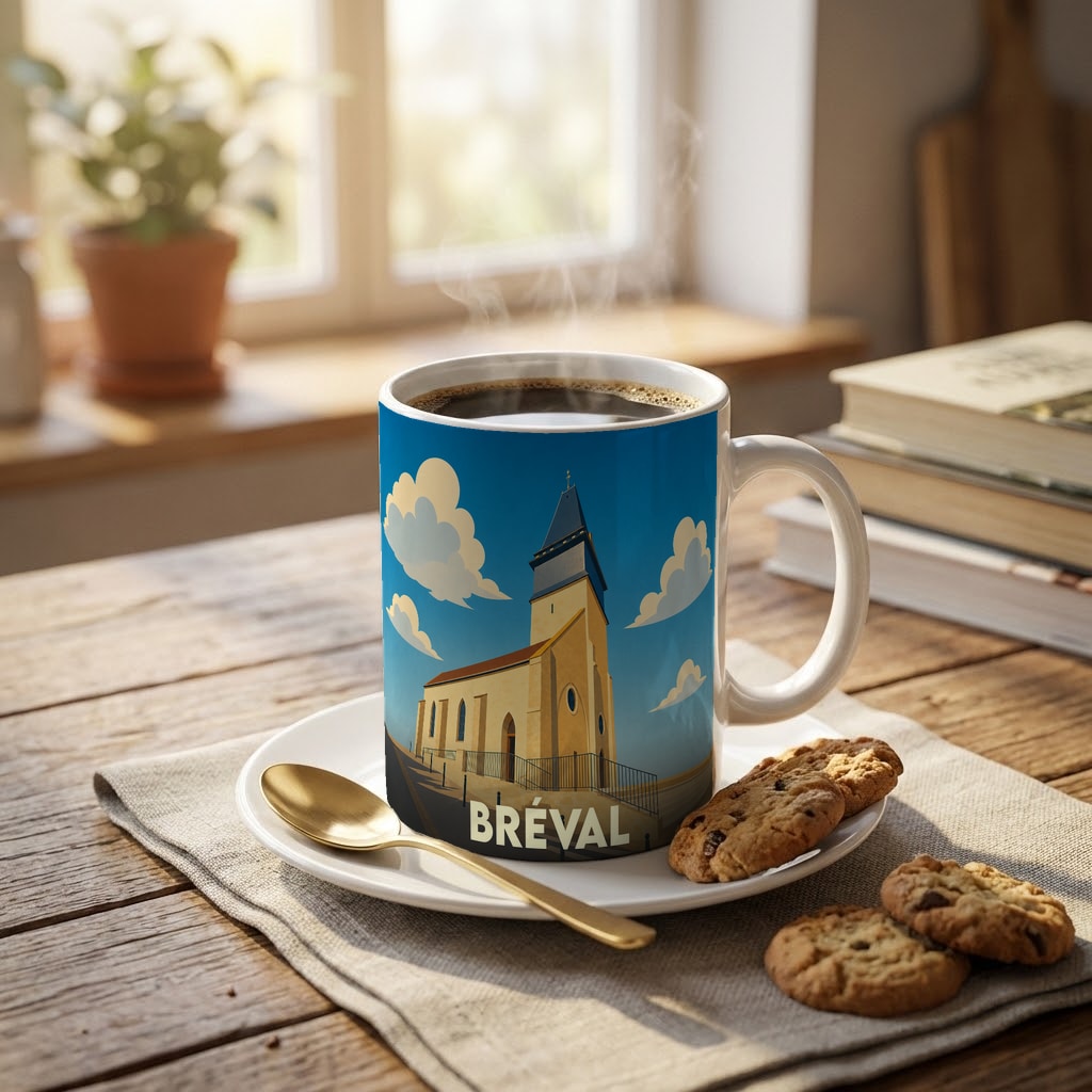 Mug souvenir de la ville de Bréval avec une illustration stylisée de son église.