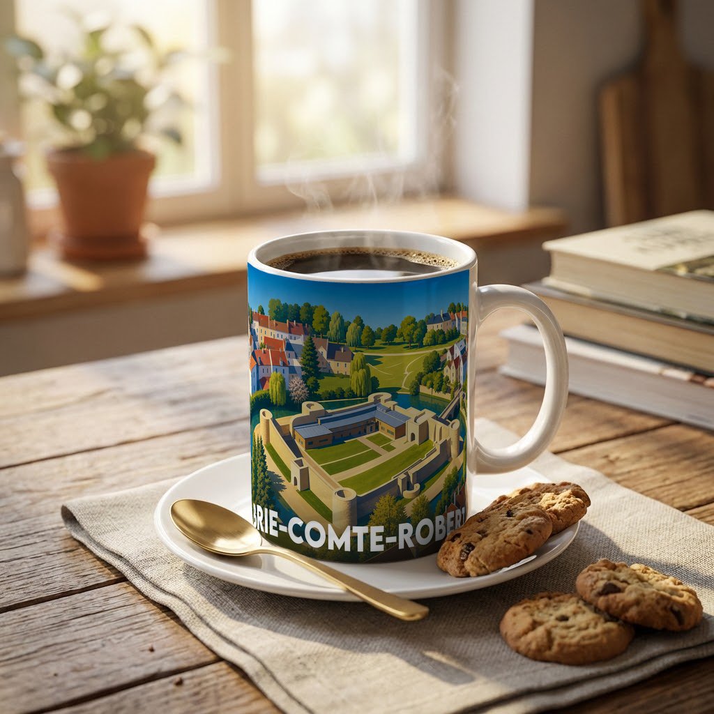 Mug souvenir de la ville de Brie-Comte-Robert avec une illustration stylisée.