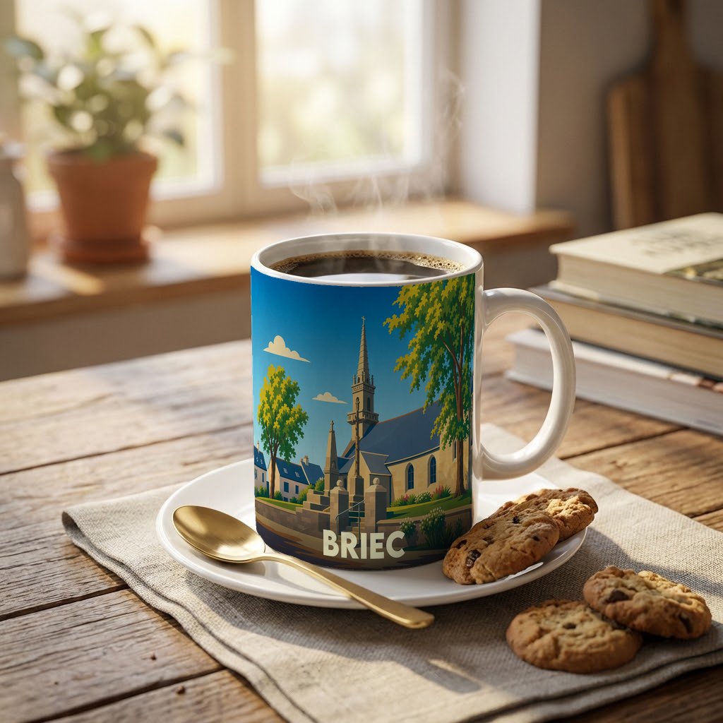 Mug souvenir de la ville de Briec illustré d'une église stylisée sous un ciel bleu.
