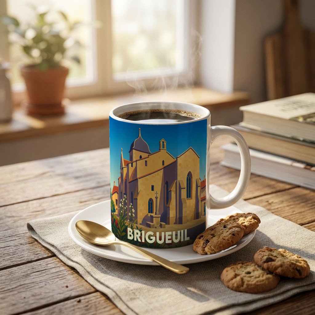 Mug souvenir de la ville de Brigueuil orné d'une illustration stylisée de son église.